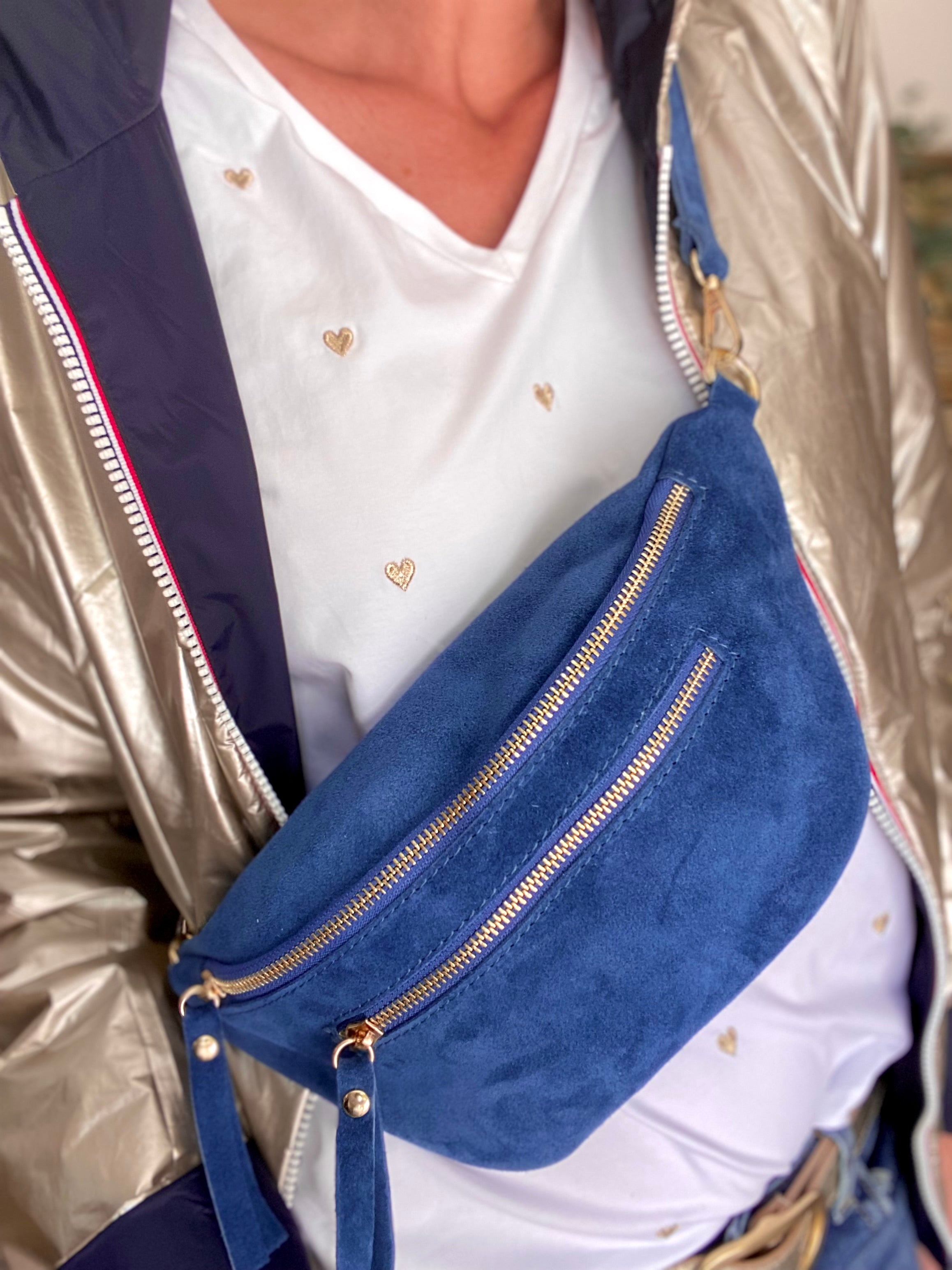 Sac banane avec poche avant, en cuir daim HOLLY - Bleu Jean