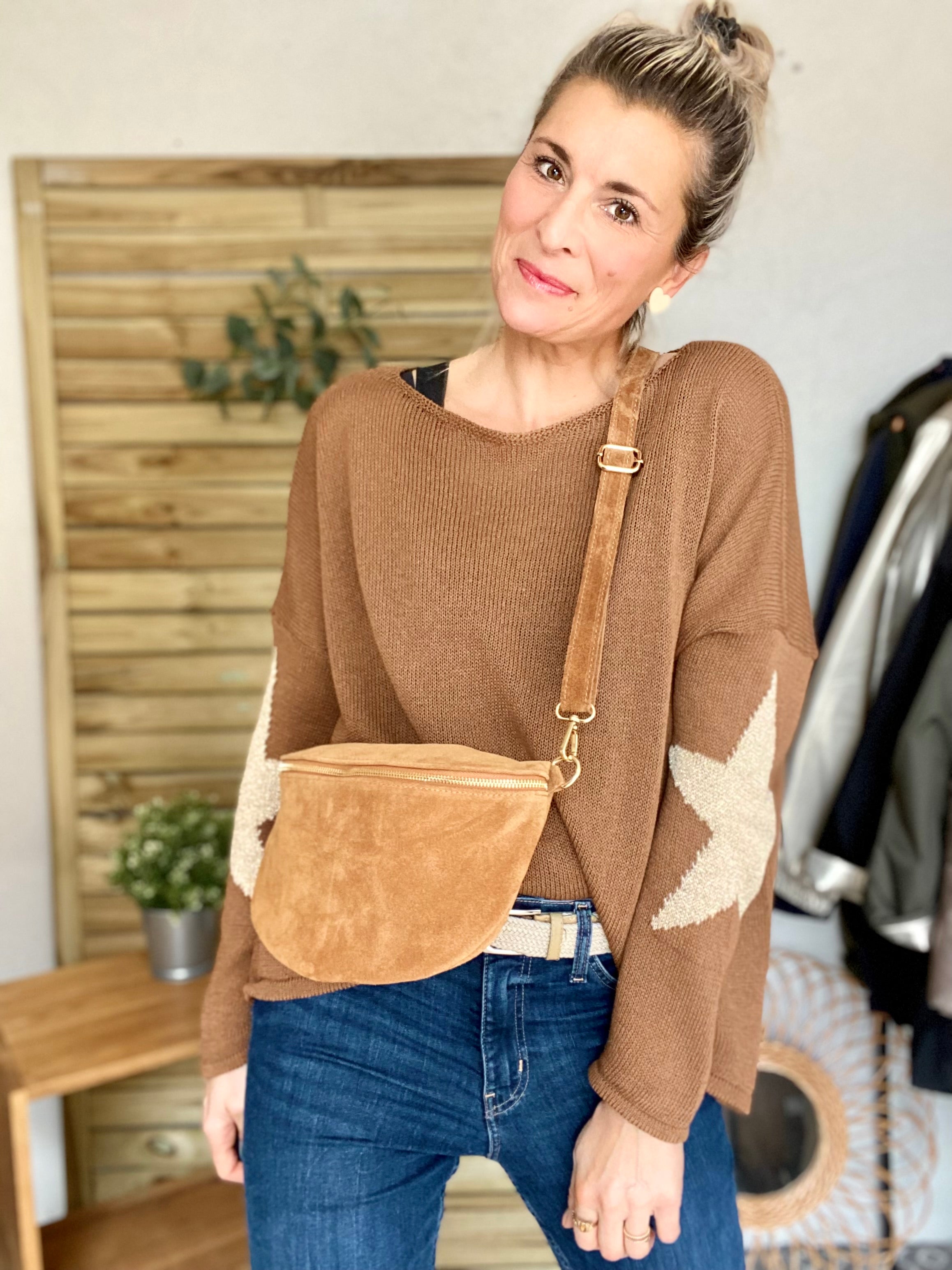 Sac banane XL en cuir velours 30cm JUDY - Camel (7 coloris)