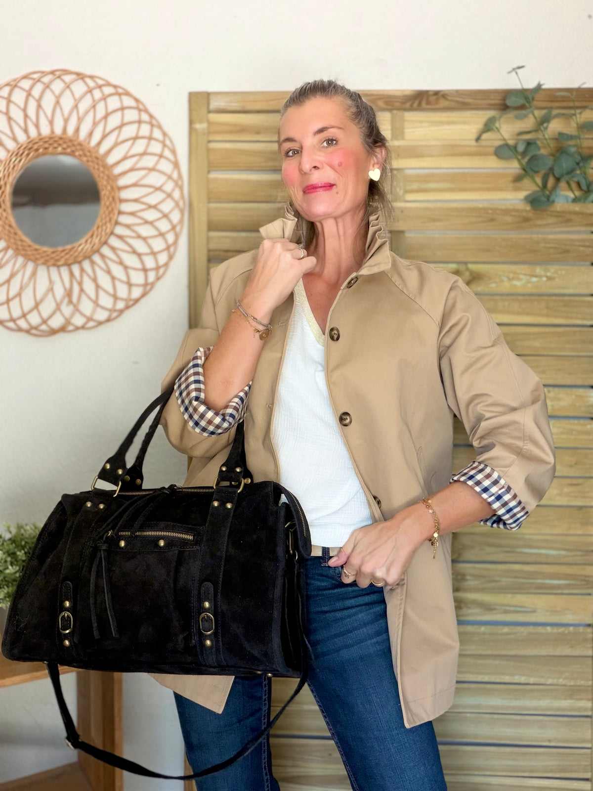 Veste Trench mi-long col victorien avec carreaux - ANDY Beige taupe