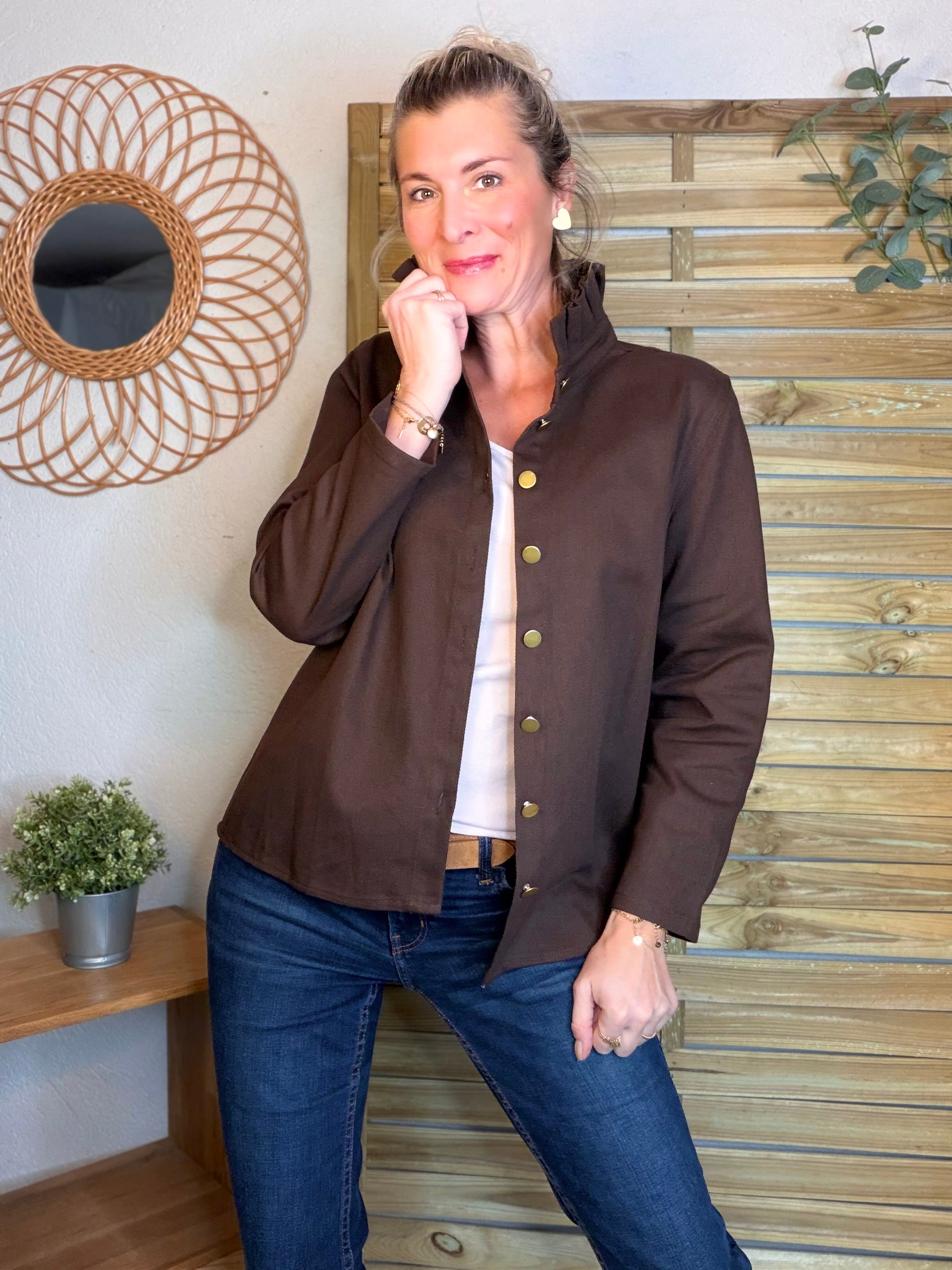 ⚡️ ARRIVAGE - Veste / Chemise en coton, col victorien volanté Beige taupe HILLARY - Choco