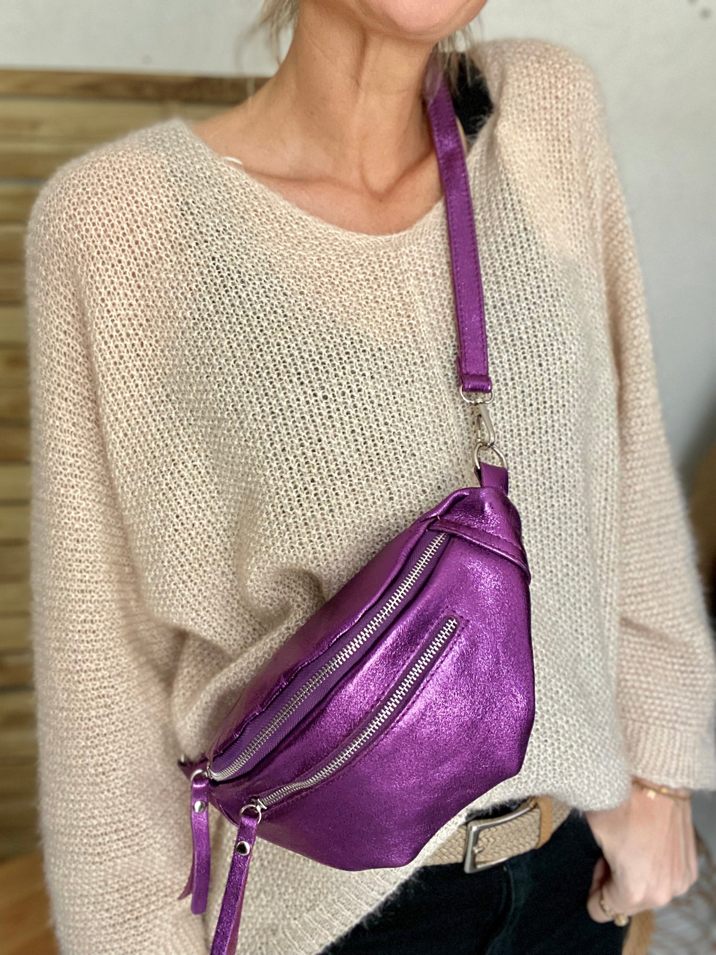 Sac banane en cuir irisé double poche - OPALE  - Violet