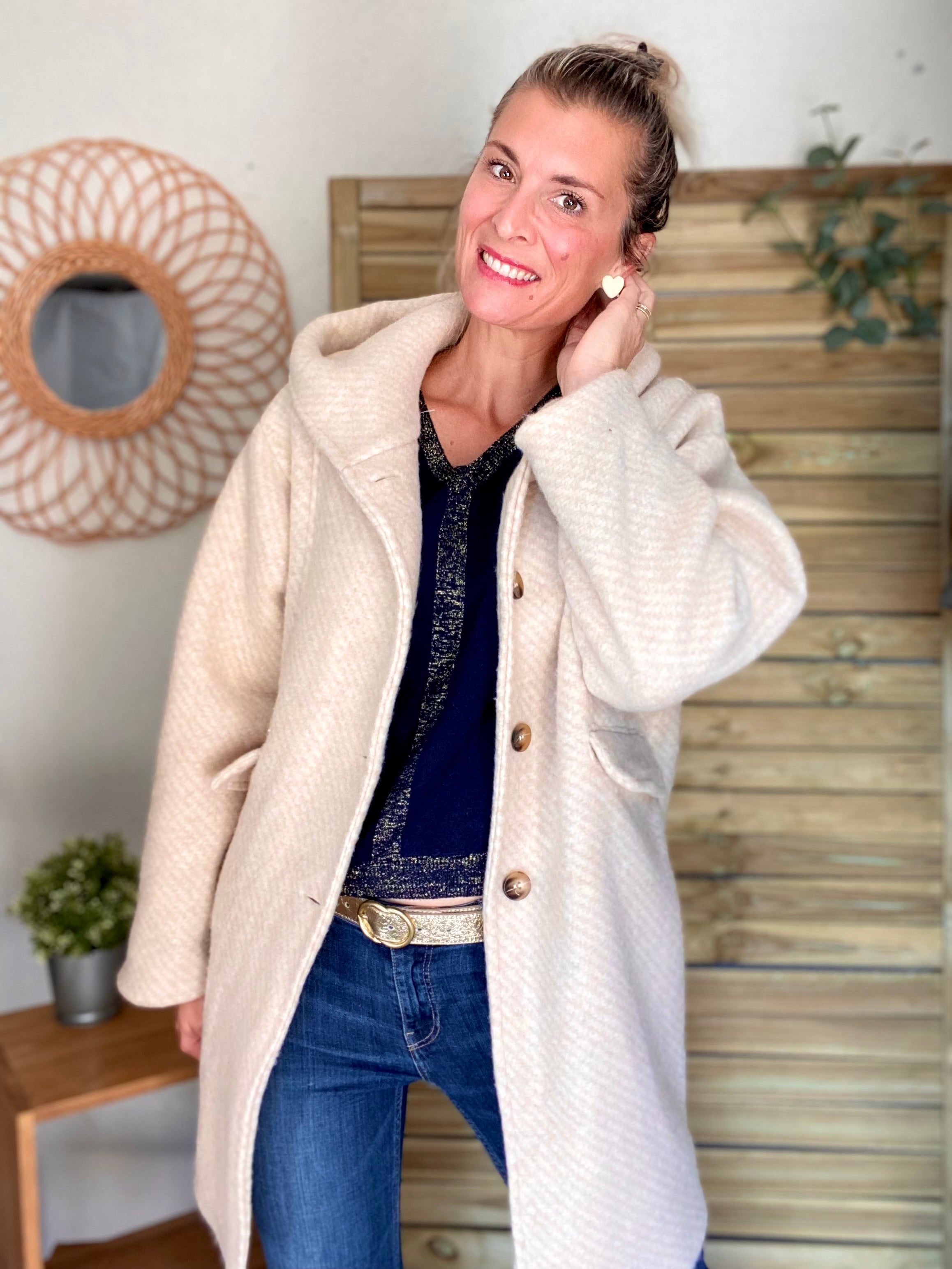 Manteau laine AGATHE avec détails Léo (étoile capuche) - Beige