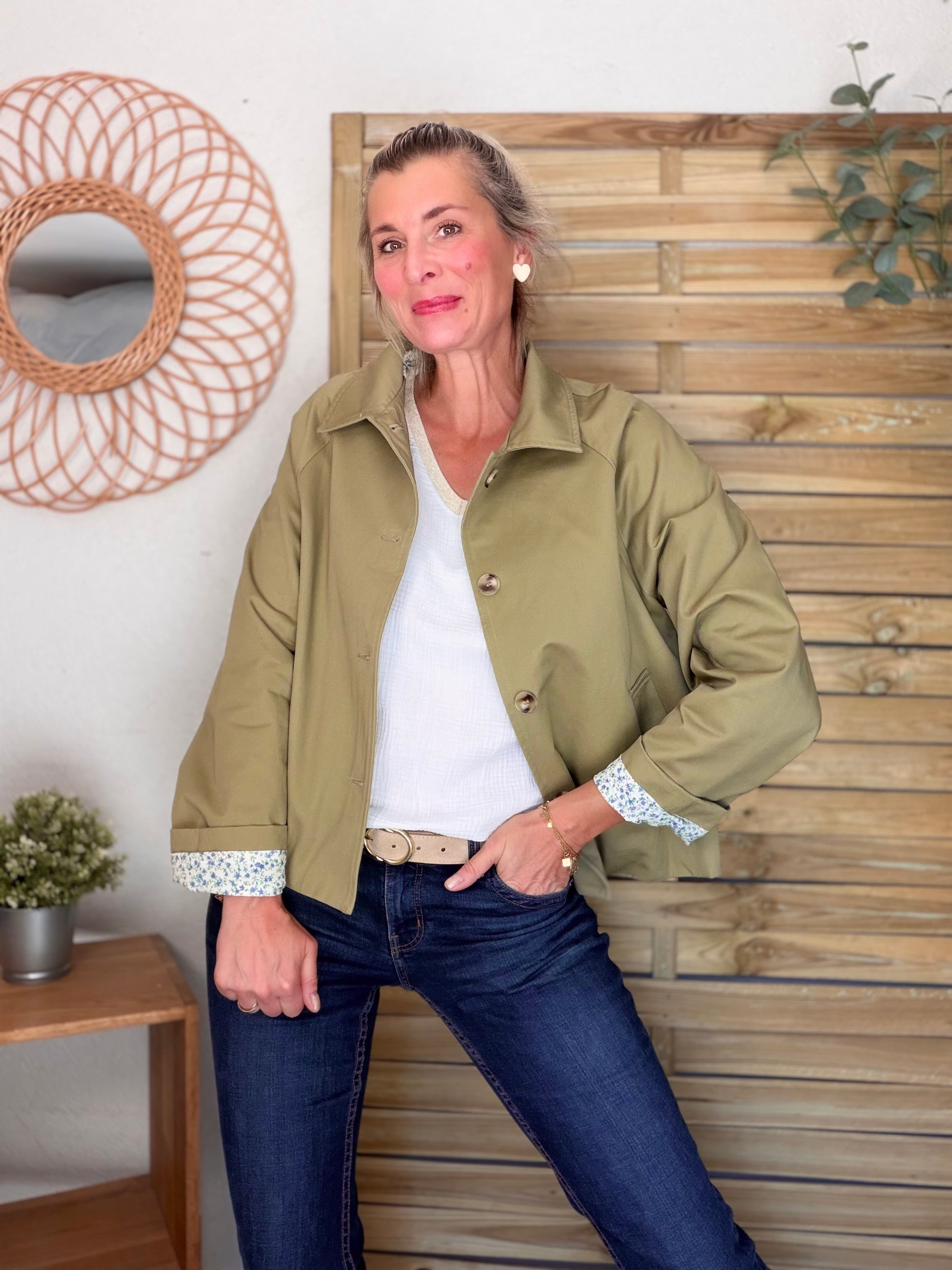 Veste Trench en coton avec Liberty - JOHAN Kaki clair