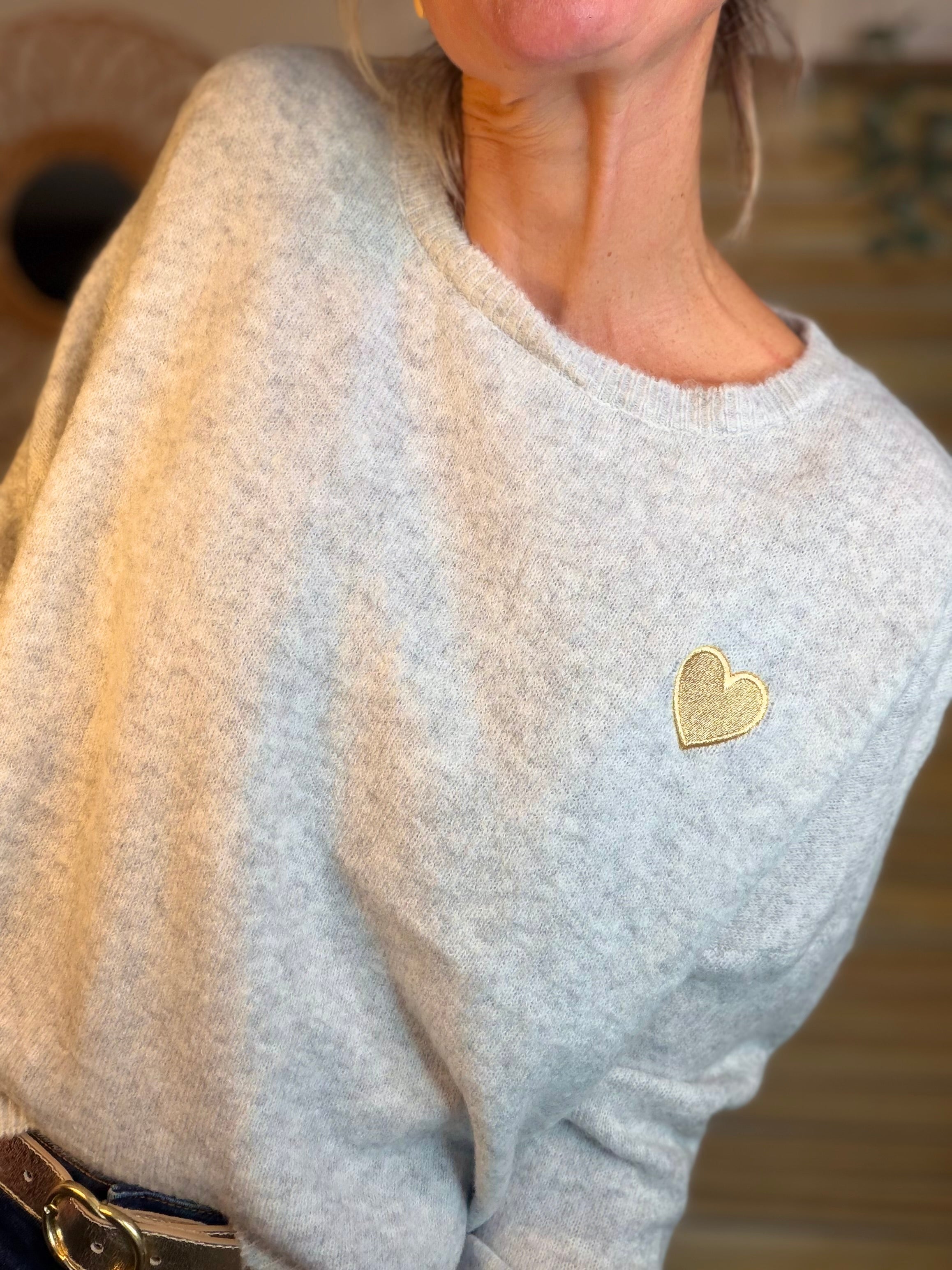 Pull léger en maille cœur doré brodé 💛 MELISSA - Gris chiné