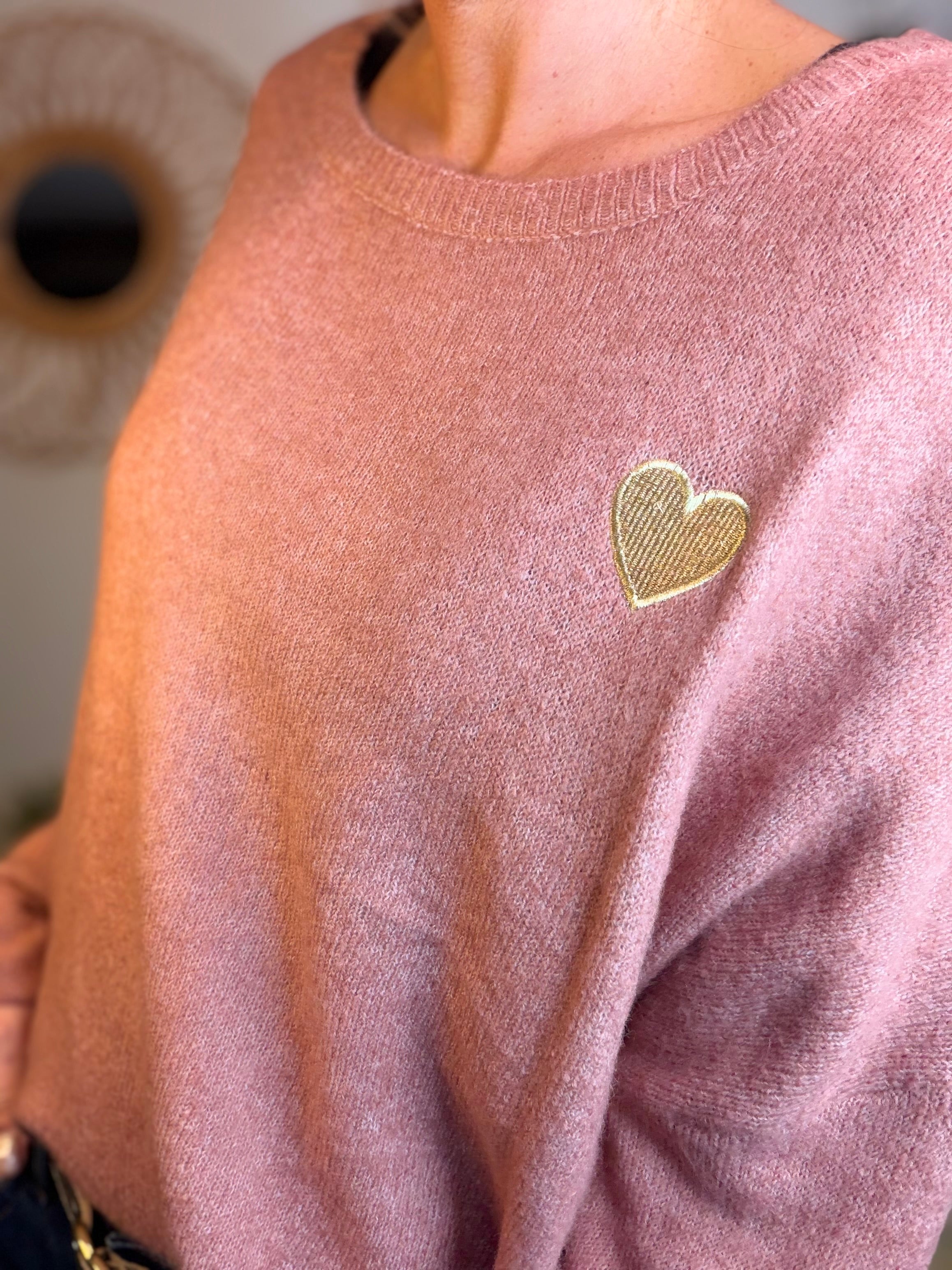 Pull léger en maille cœur doré brodé 💛 MELISSA - Vieux rose