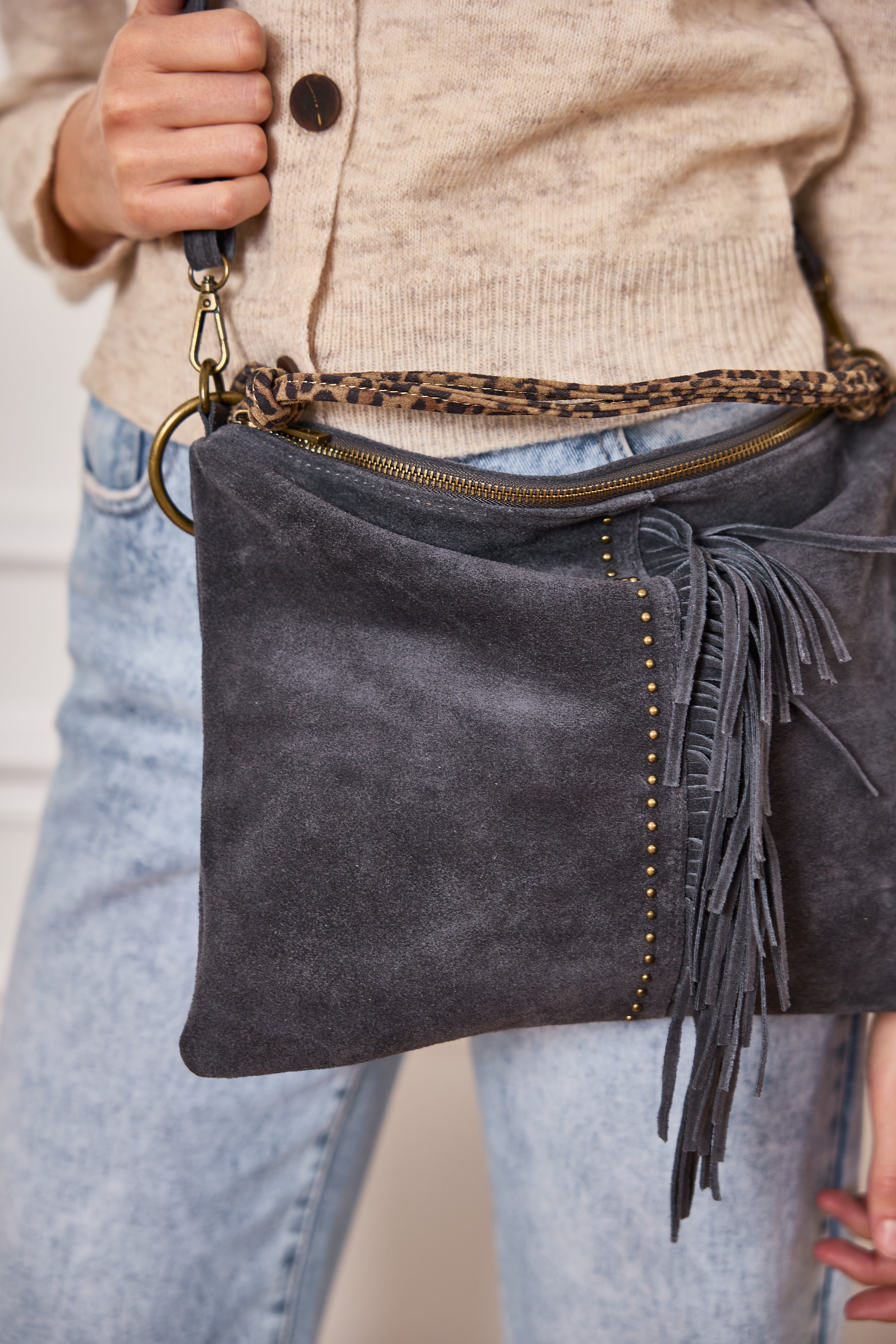 ⚡️PÉPITES FRIDAY - Sac en cuir daim 2 bandoulières (Léo et gris) - Gris foncé - BROOKLYN