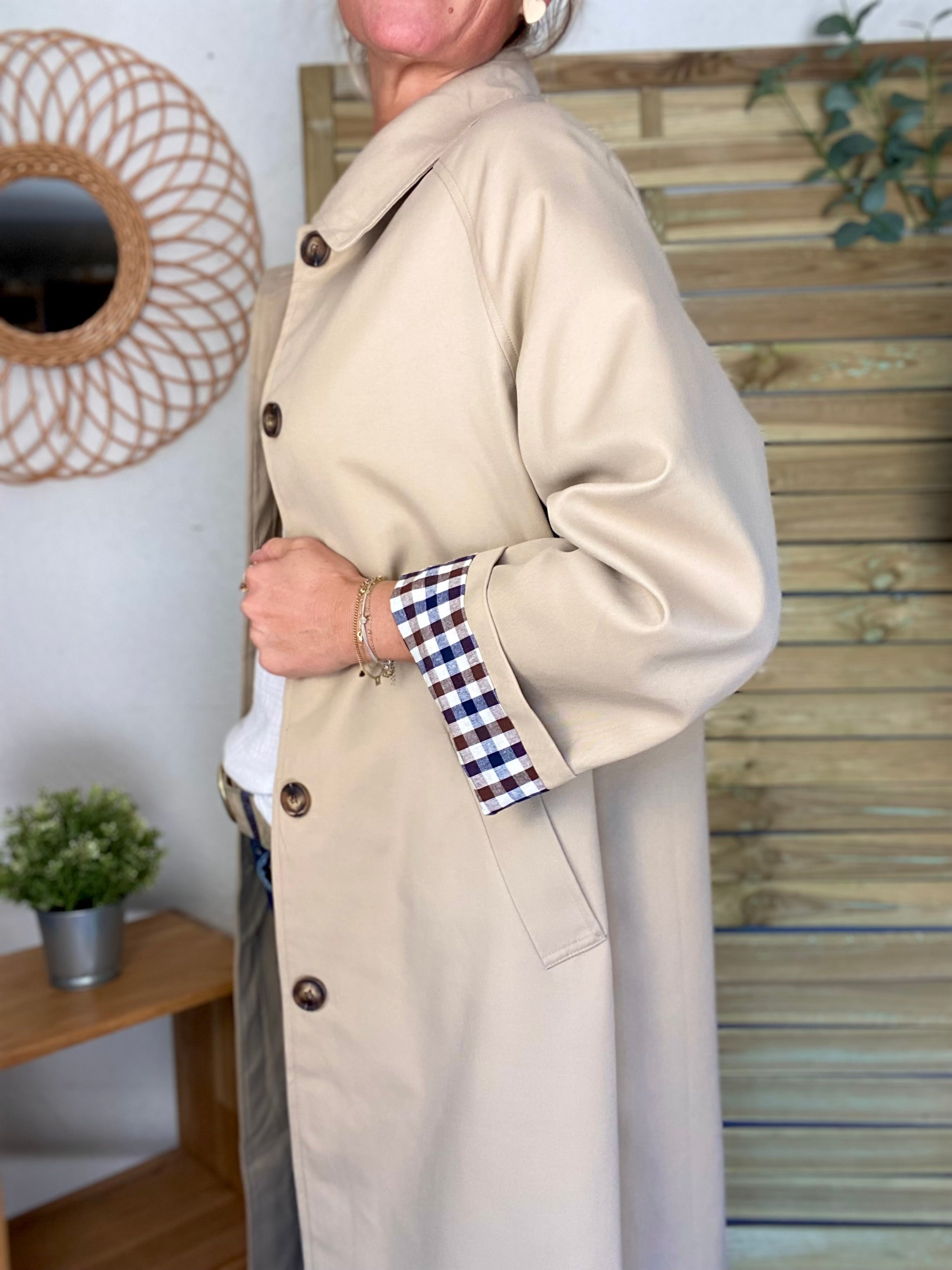 Veste Trench en coton avec vichy - YSEULT long Beige