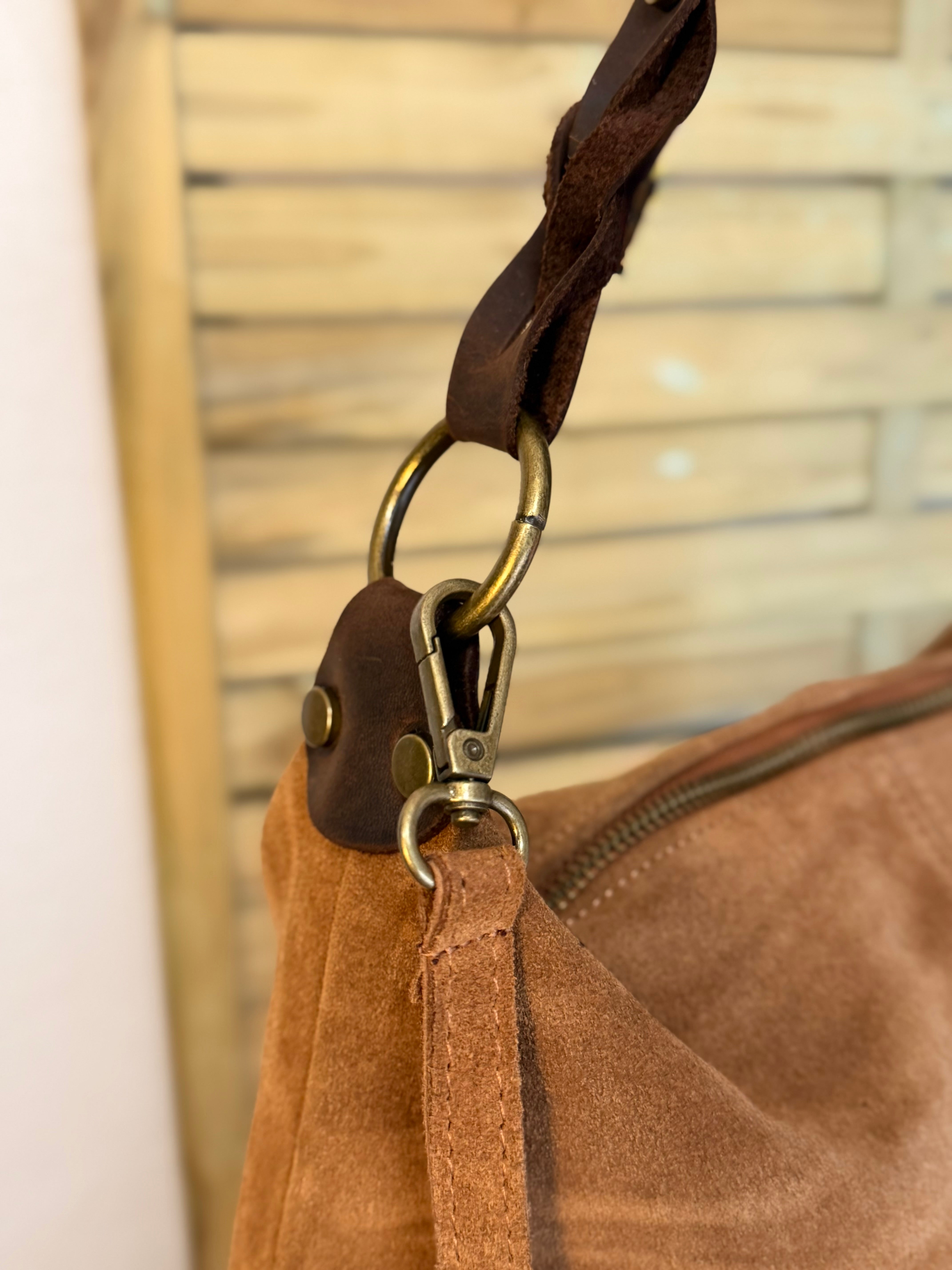 Sac hobo en cuir daim souple, double bandoulière ANDREW Camel clair