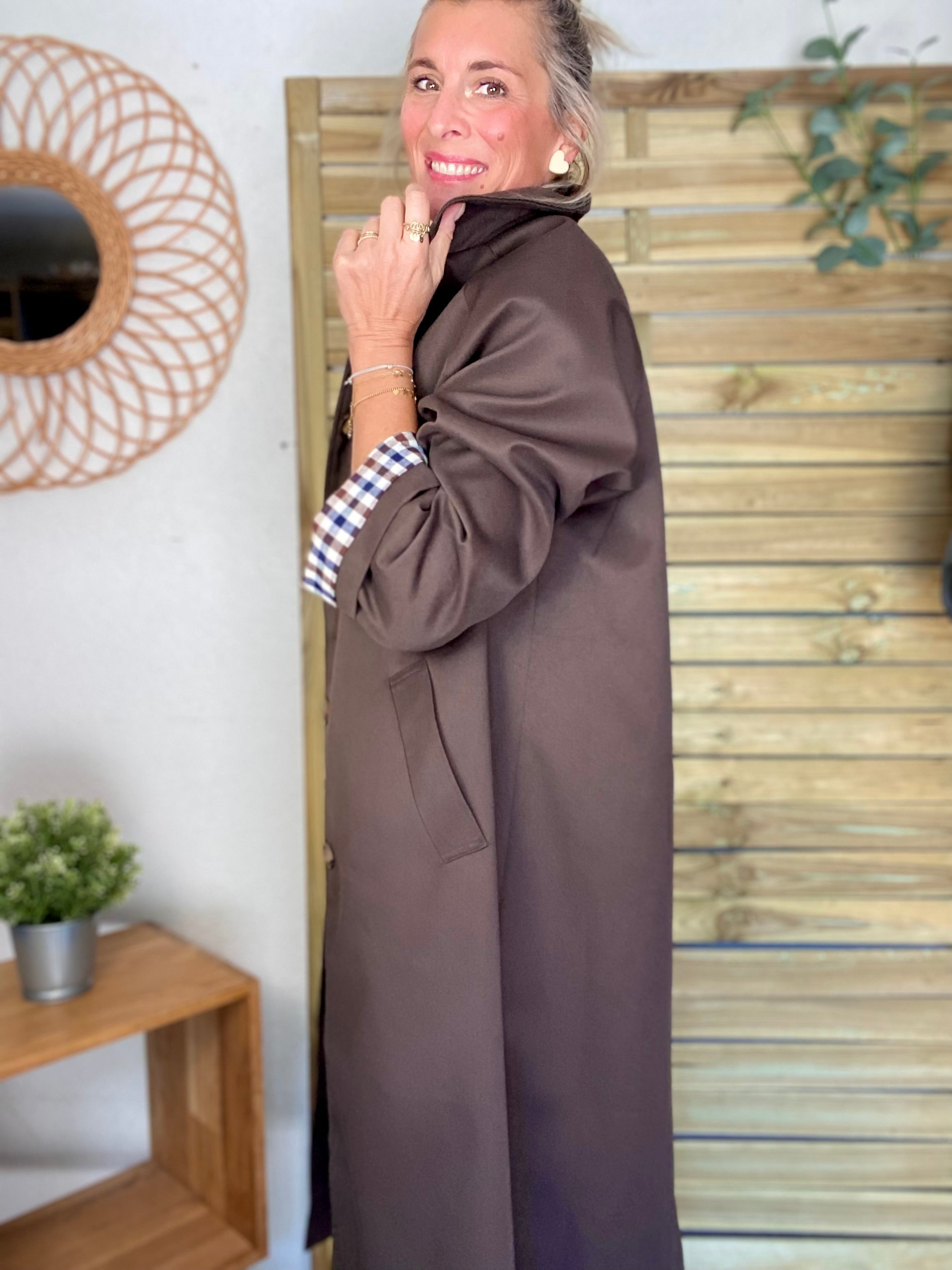 Veste Trench en coton avec vichy - YSEULT long Chocolat