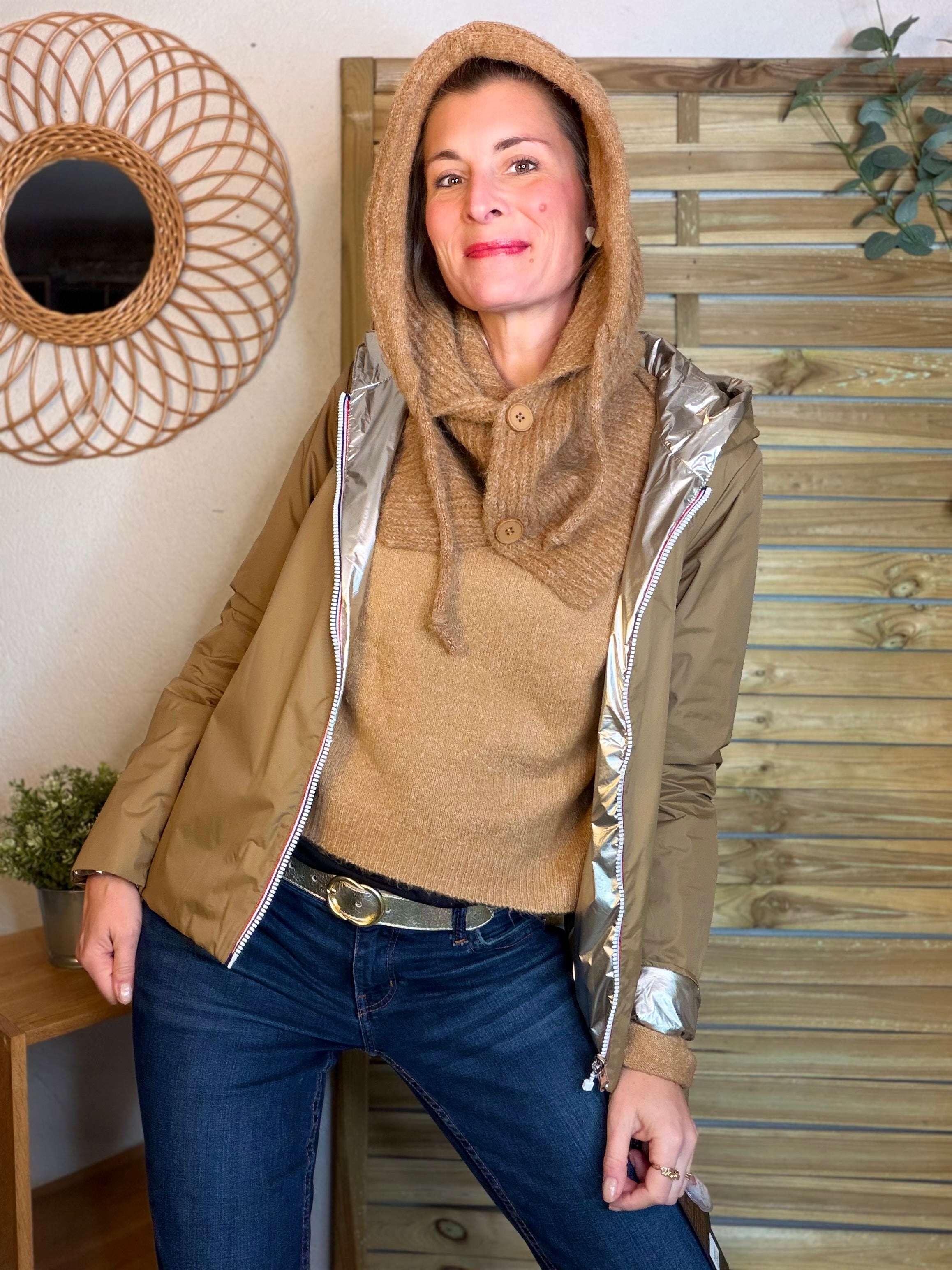 Col cagoule LORIE en maille avec bouton - Camel