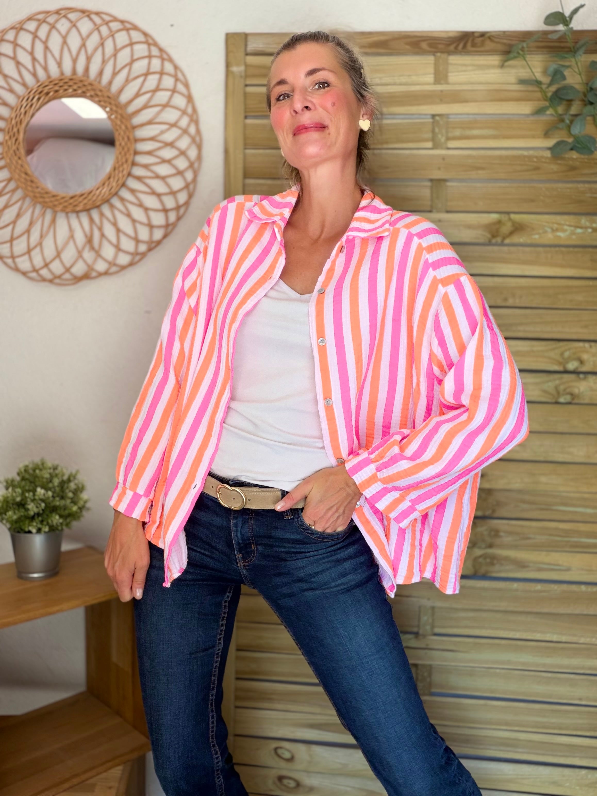 Chemise en gaze de coton rayée FÉLICIE Fluo Blanc
