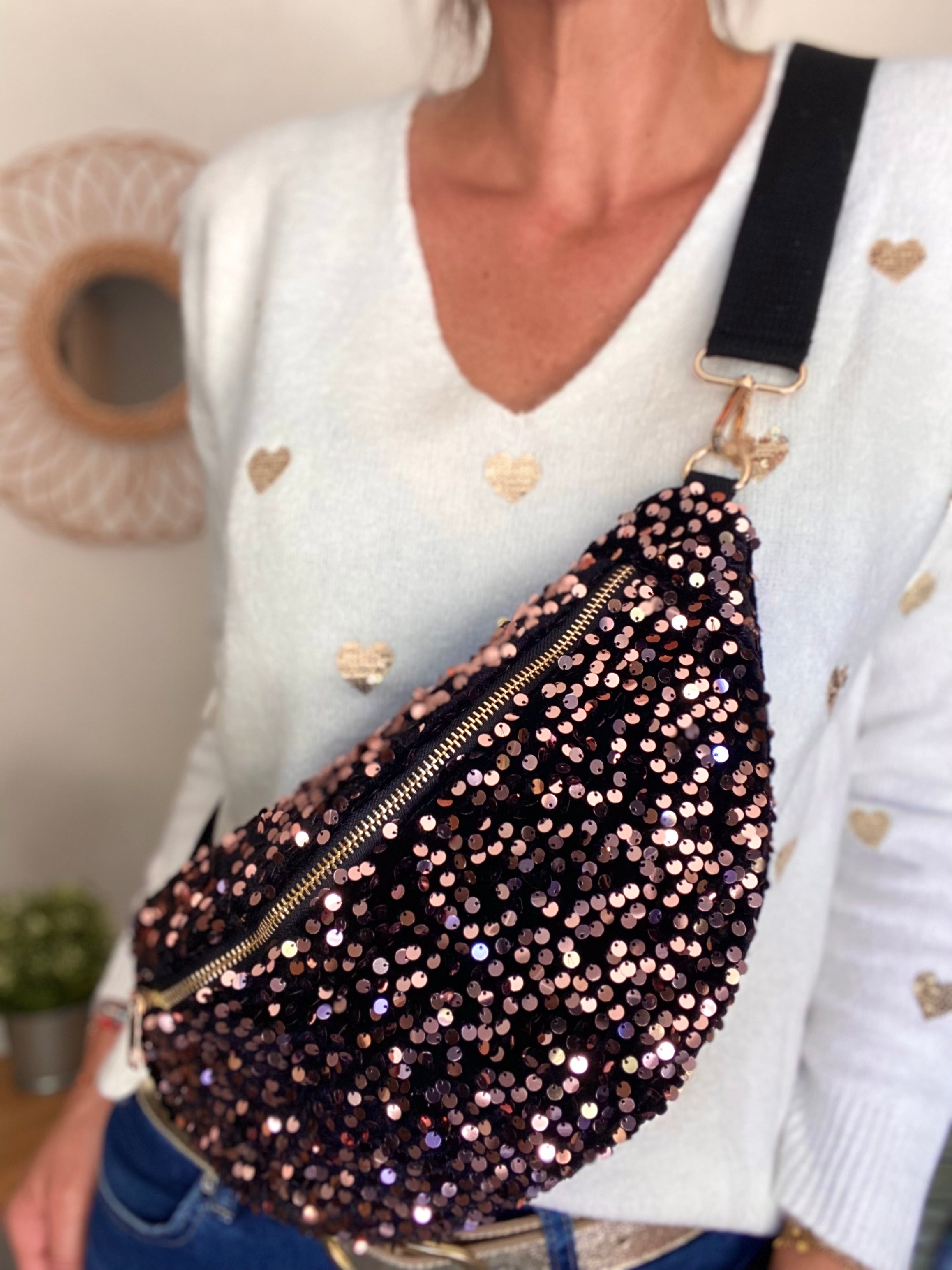 Sac banane L velours à sequins Ciao Boum - TAYLOR - Noir à sequins rosés