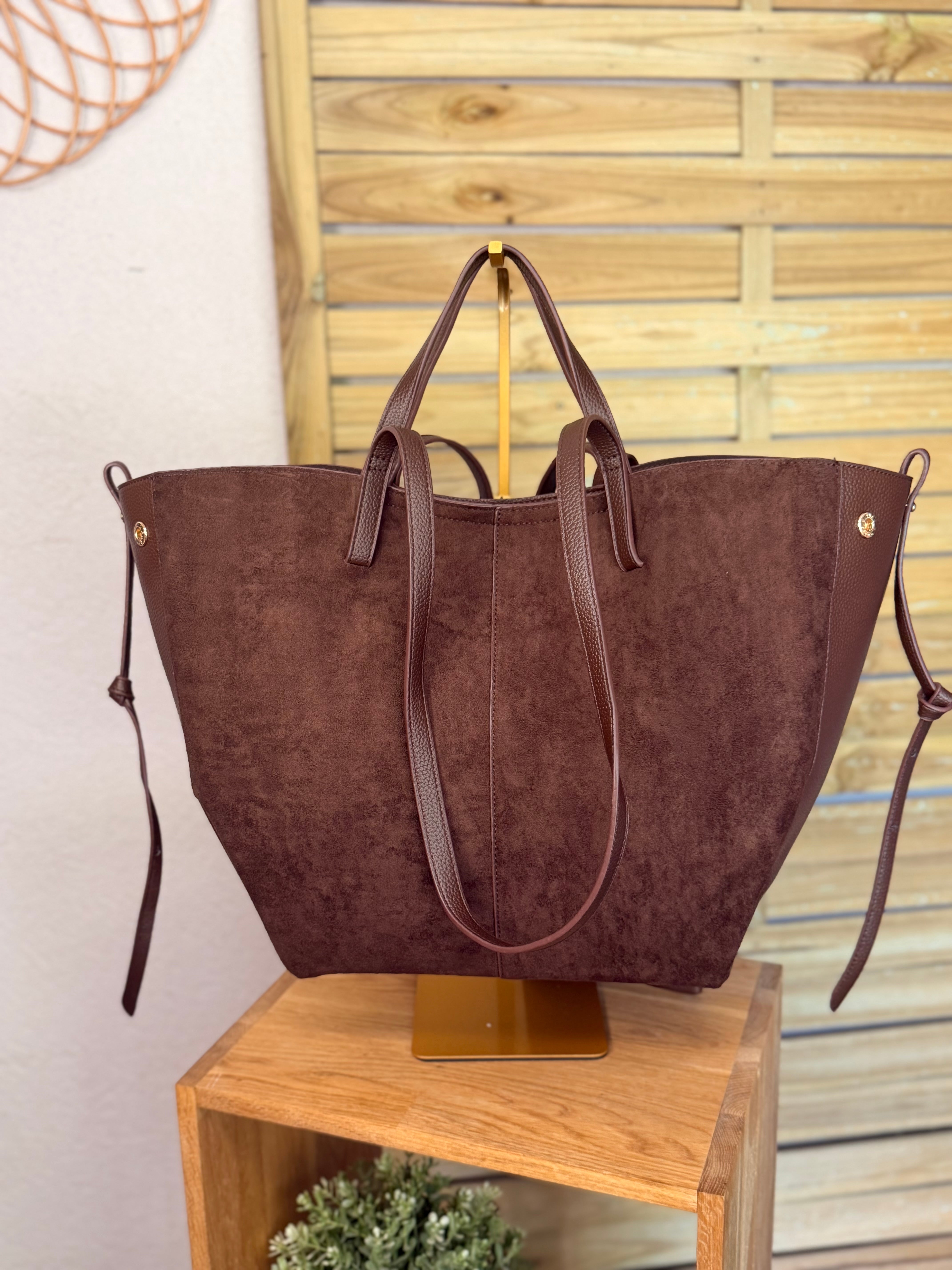 Grand Sac cabas 2 en 1 en simili daim - PAULE Chocolat