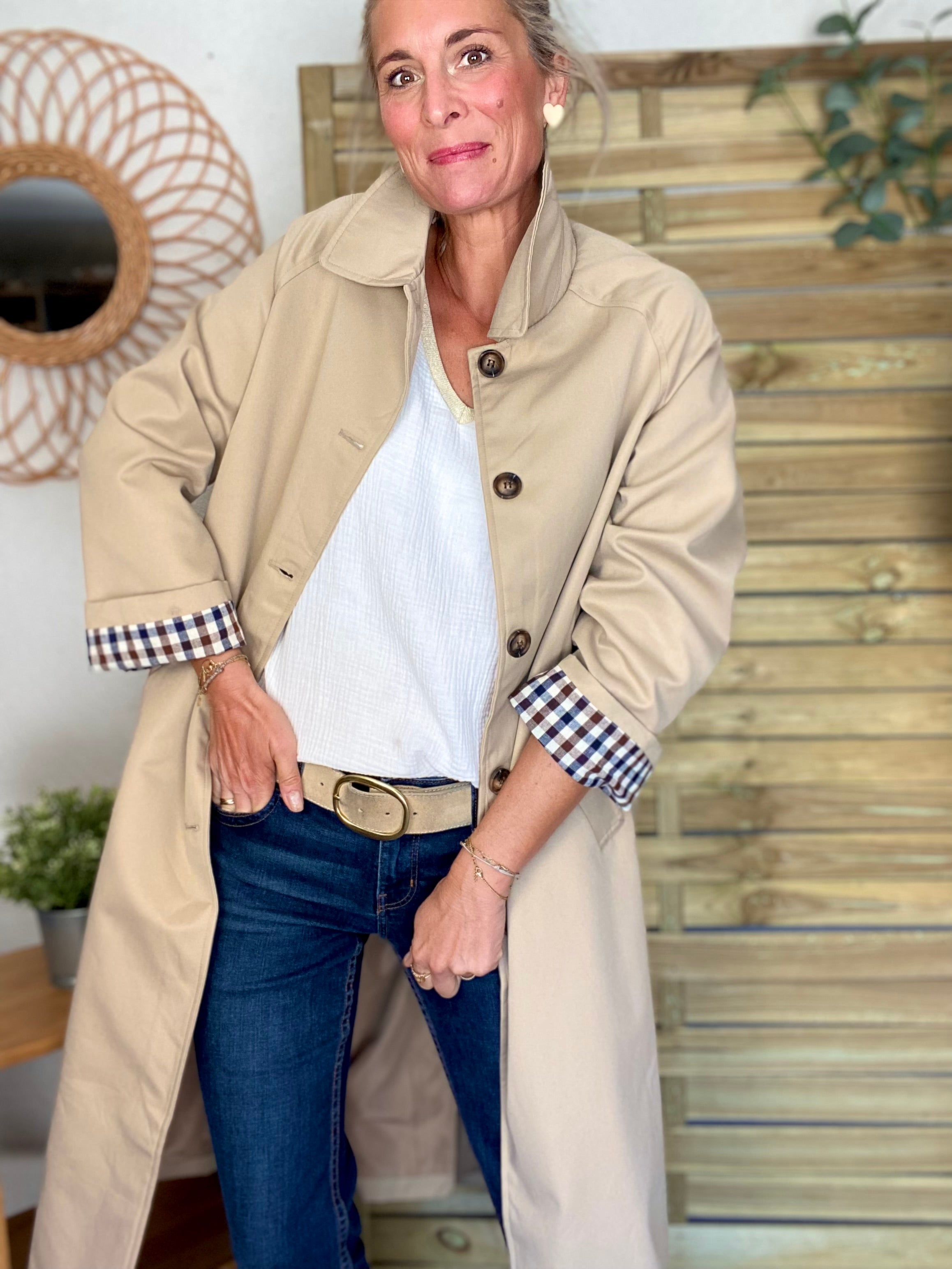 Veste Trench en coton avec vichy - YSEULT long Beige