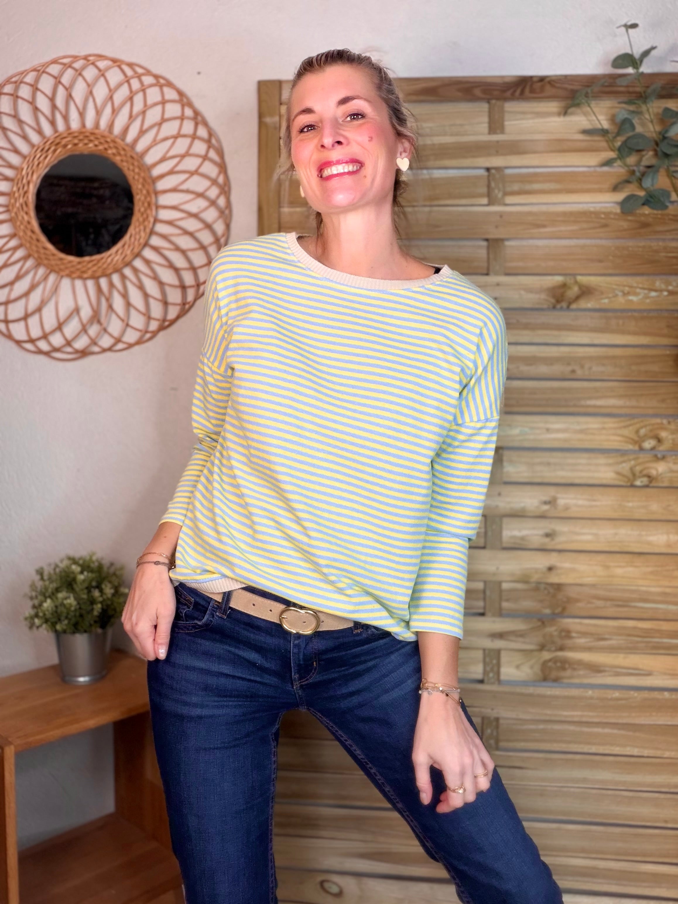 Pull fin rayé ample ROMANE - Bleu/Jaune