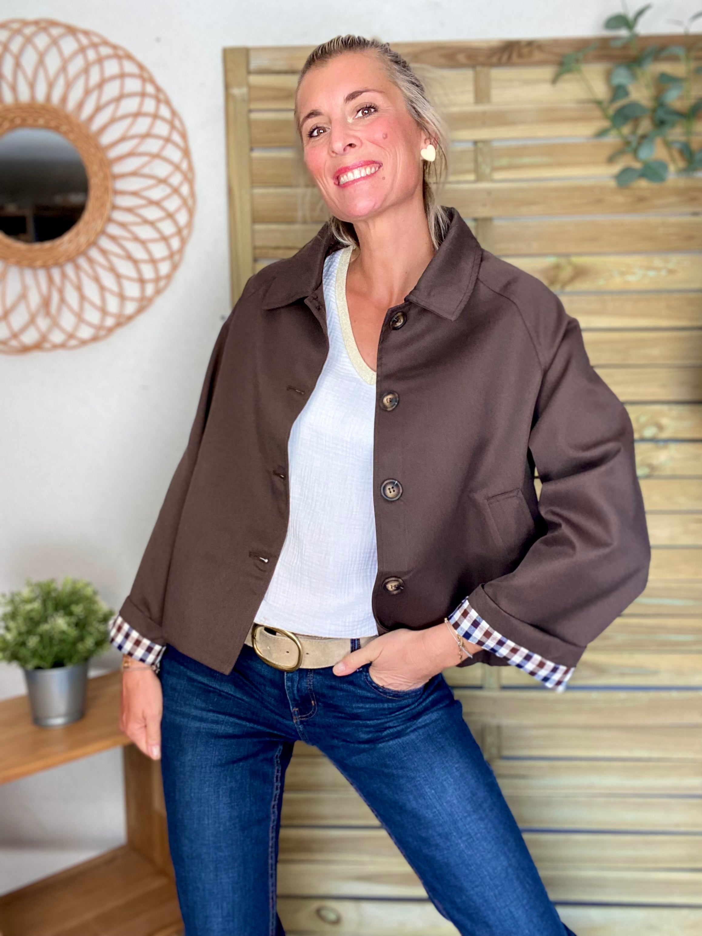 Veste Trench en coton avec vichy - YSEULT court Chocolat