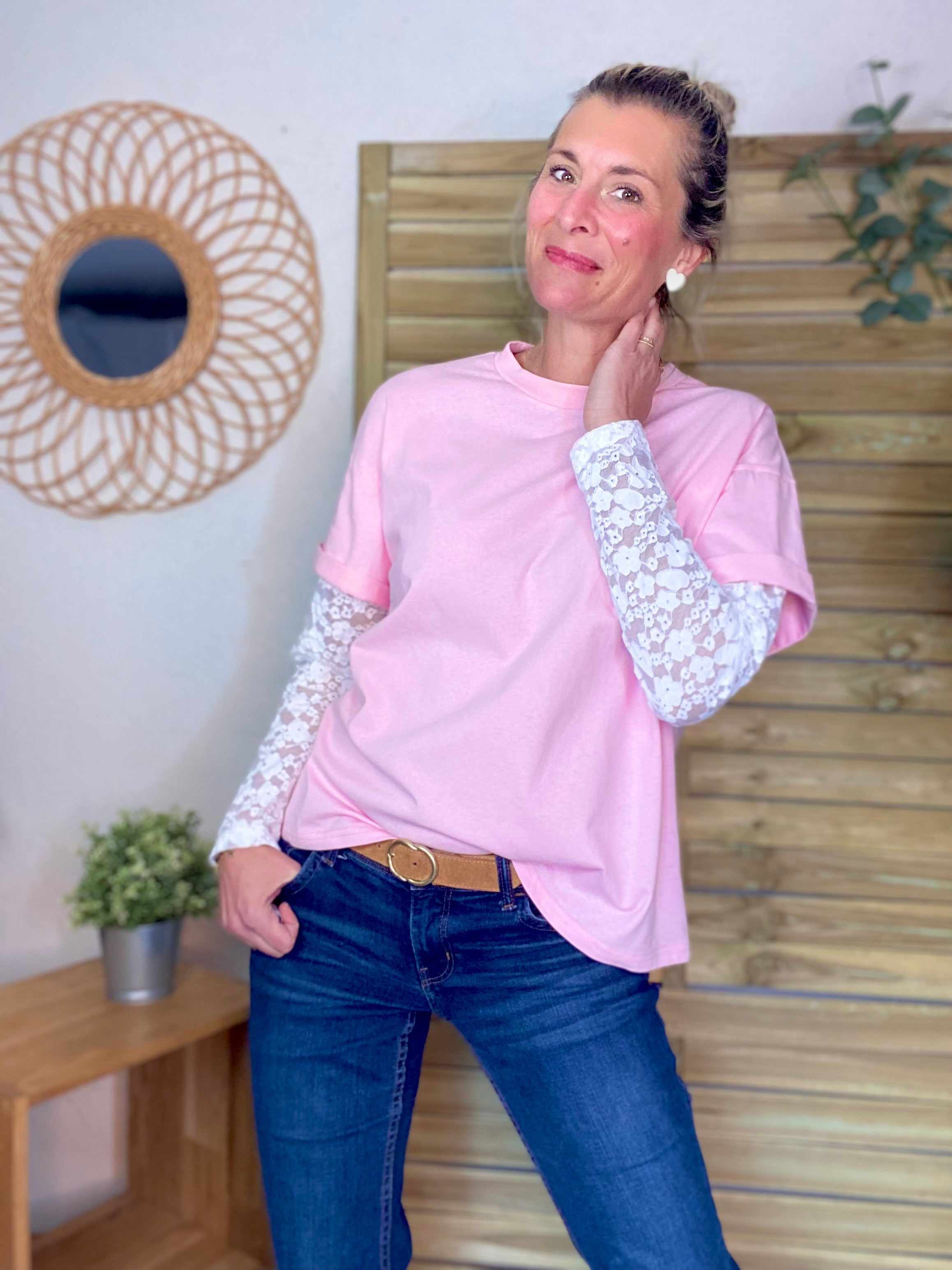 Tee shirt avec manches longues dentelle PAMELA - Rose