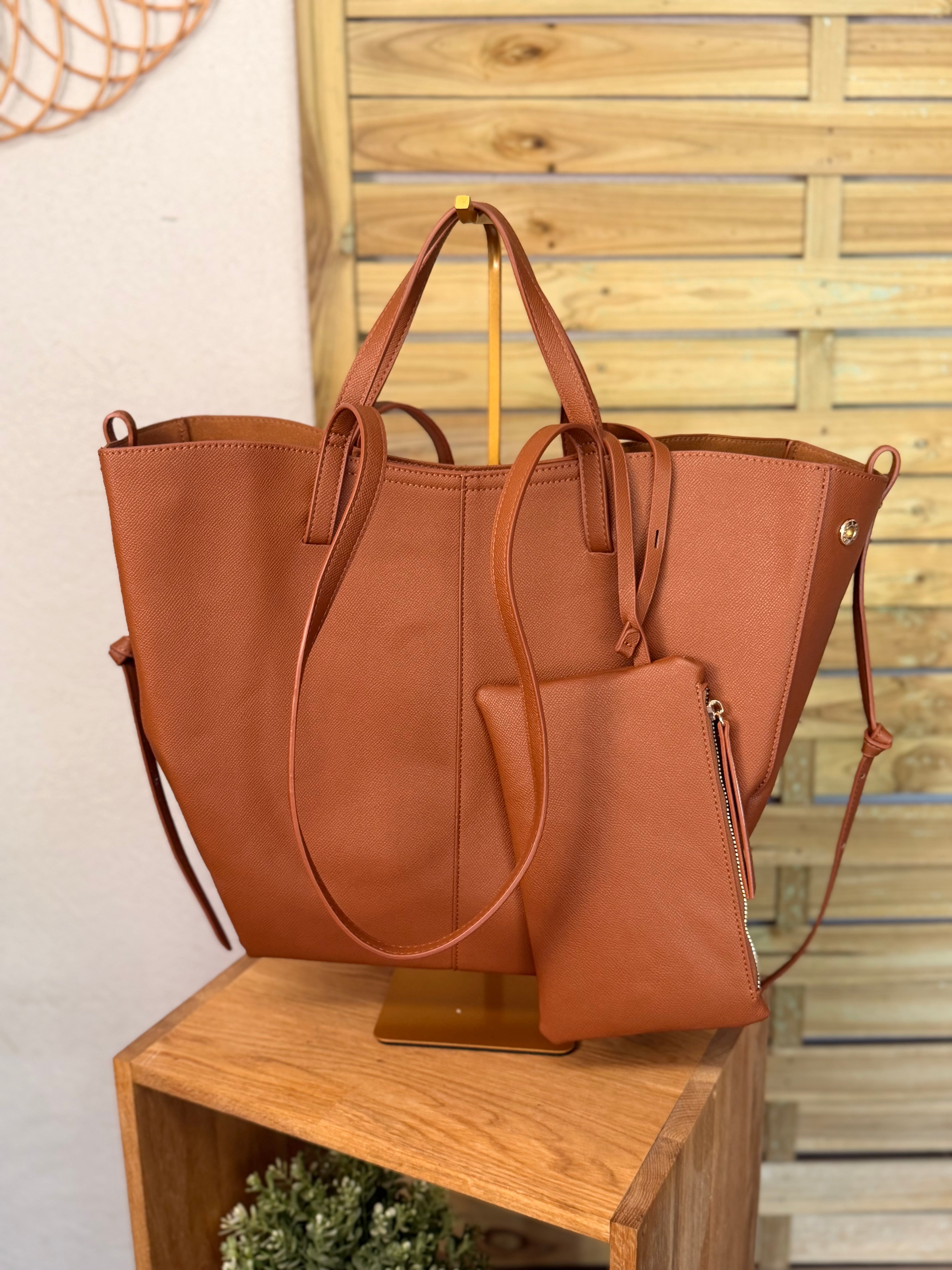 Grand Sac cabas 2 en 1 en simili cuir grainé - PAULE Camel