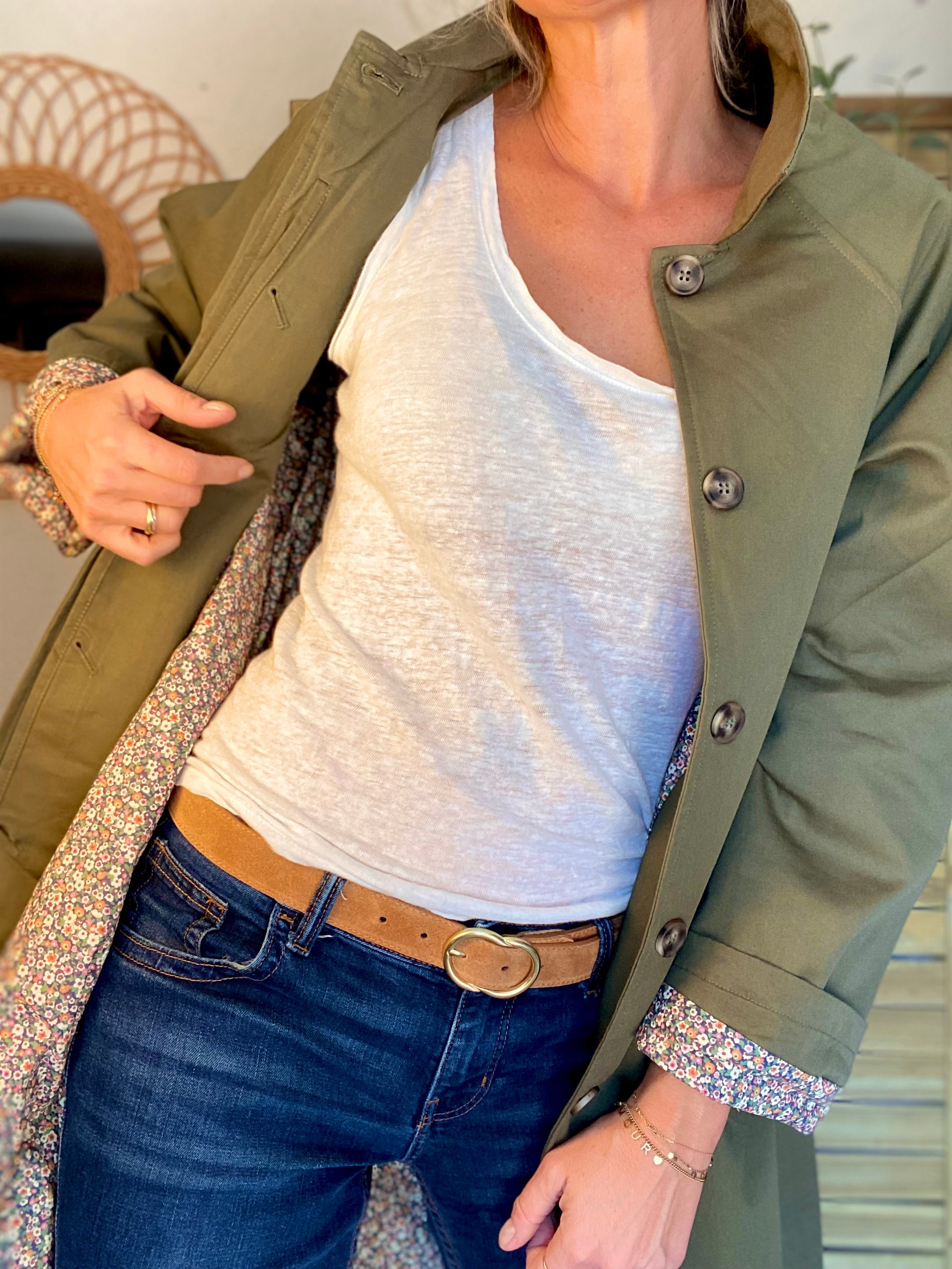 Veste Trench en coton kaki avec Liberty - MAHAUT LONG