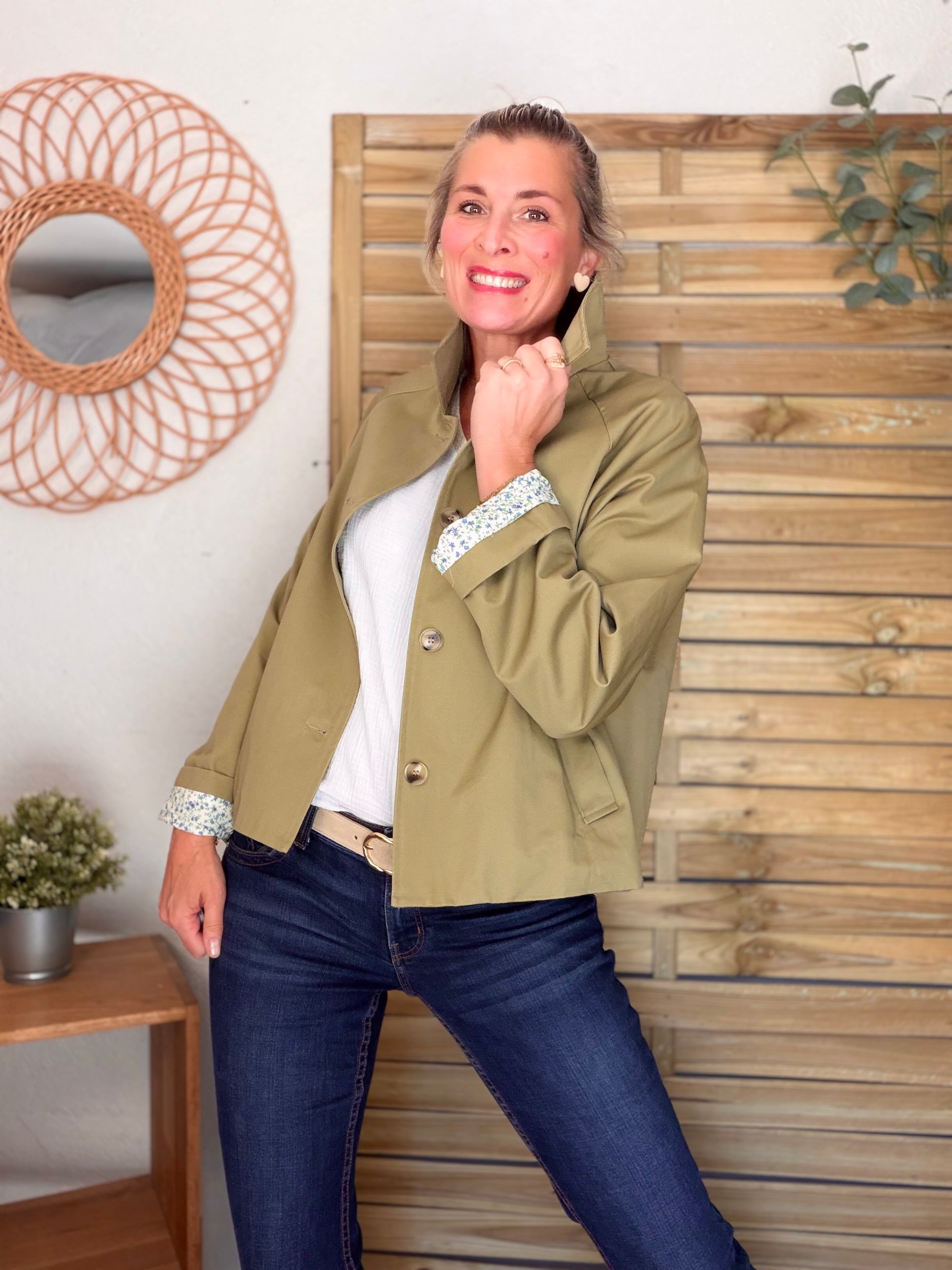 Veste Trench en coton avec Liberty - JOHAN Kaki clair