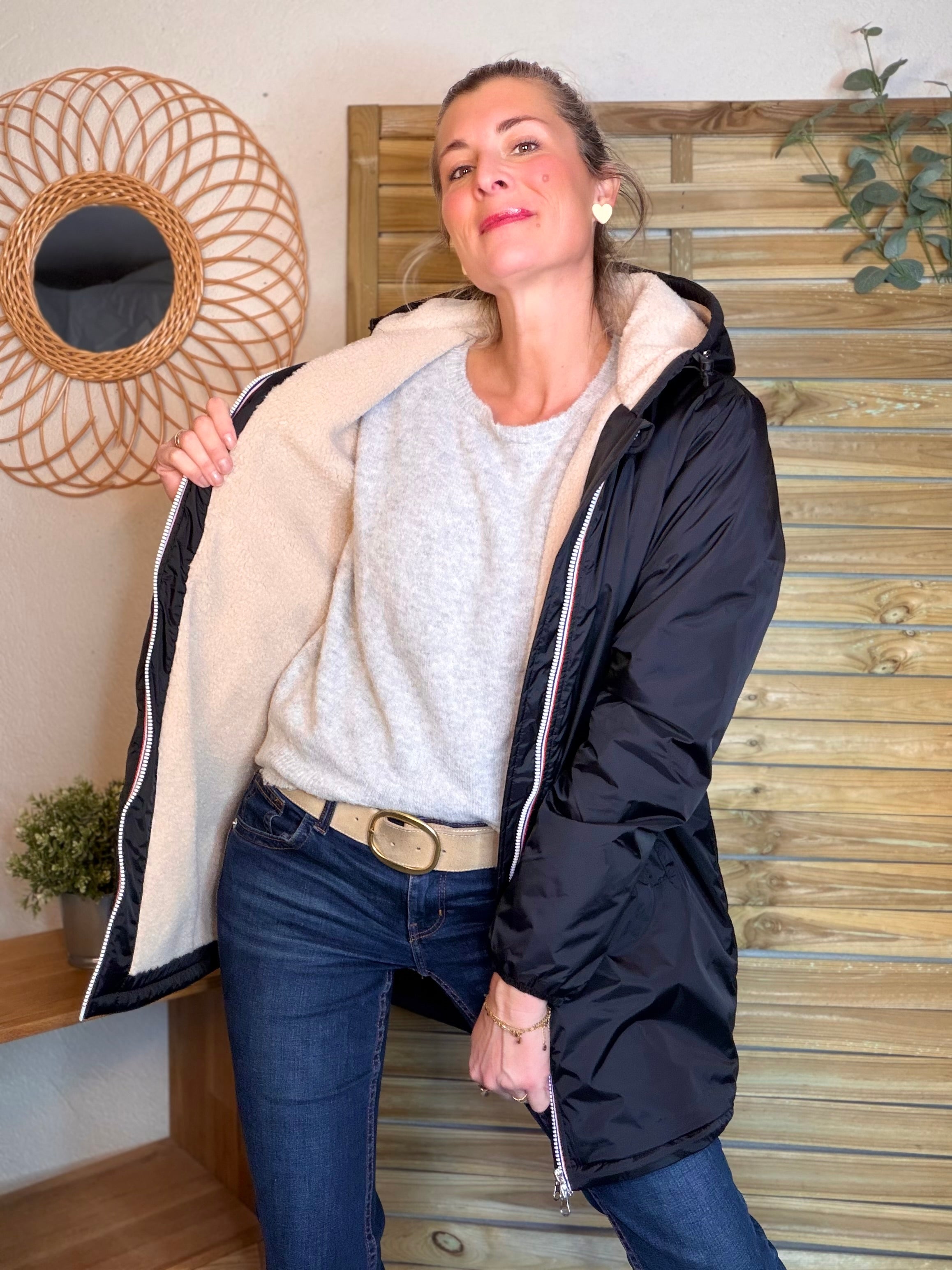 Parka Imperméable LOUISE LONG Sherpa écru - Noir - LAURA JO
