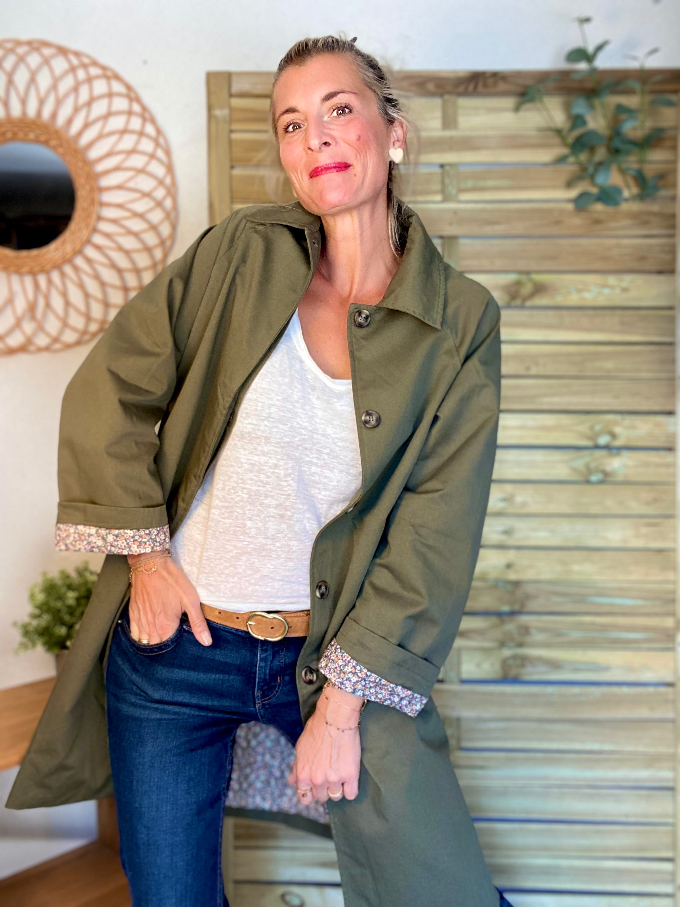 Veste Trench en coton kaki avec Liberty - MAHAUT LONG