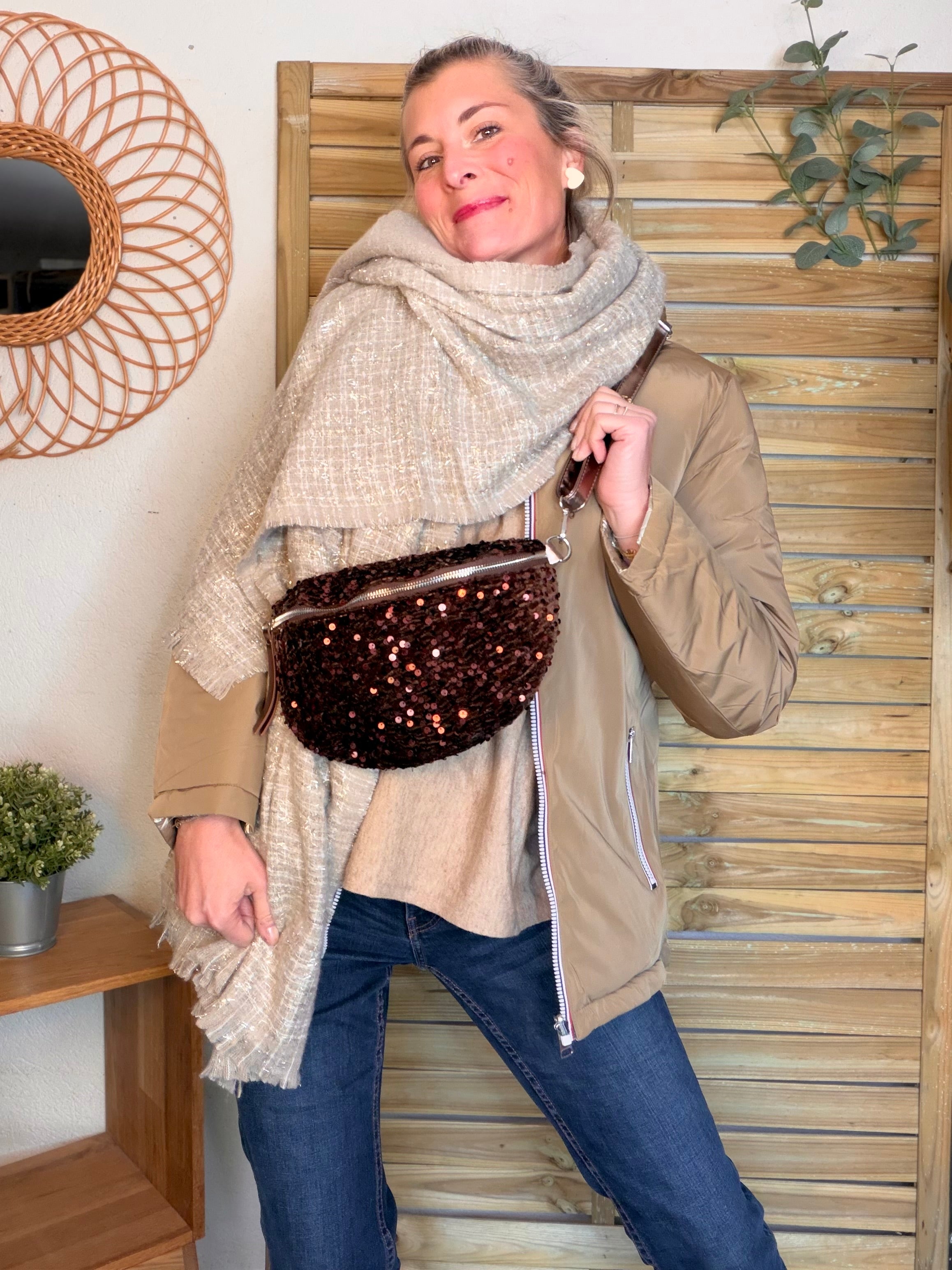 ⚡️ PÉPITES FRIDAY - Sac banane velours à sequins CARLY - Chocolat