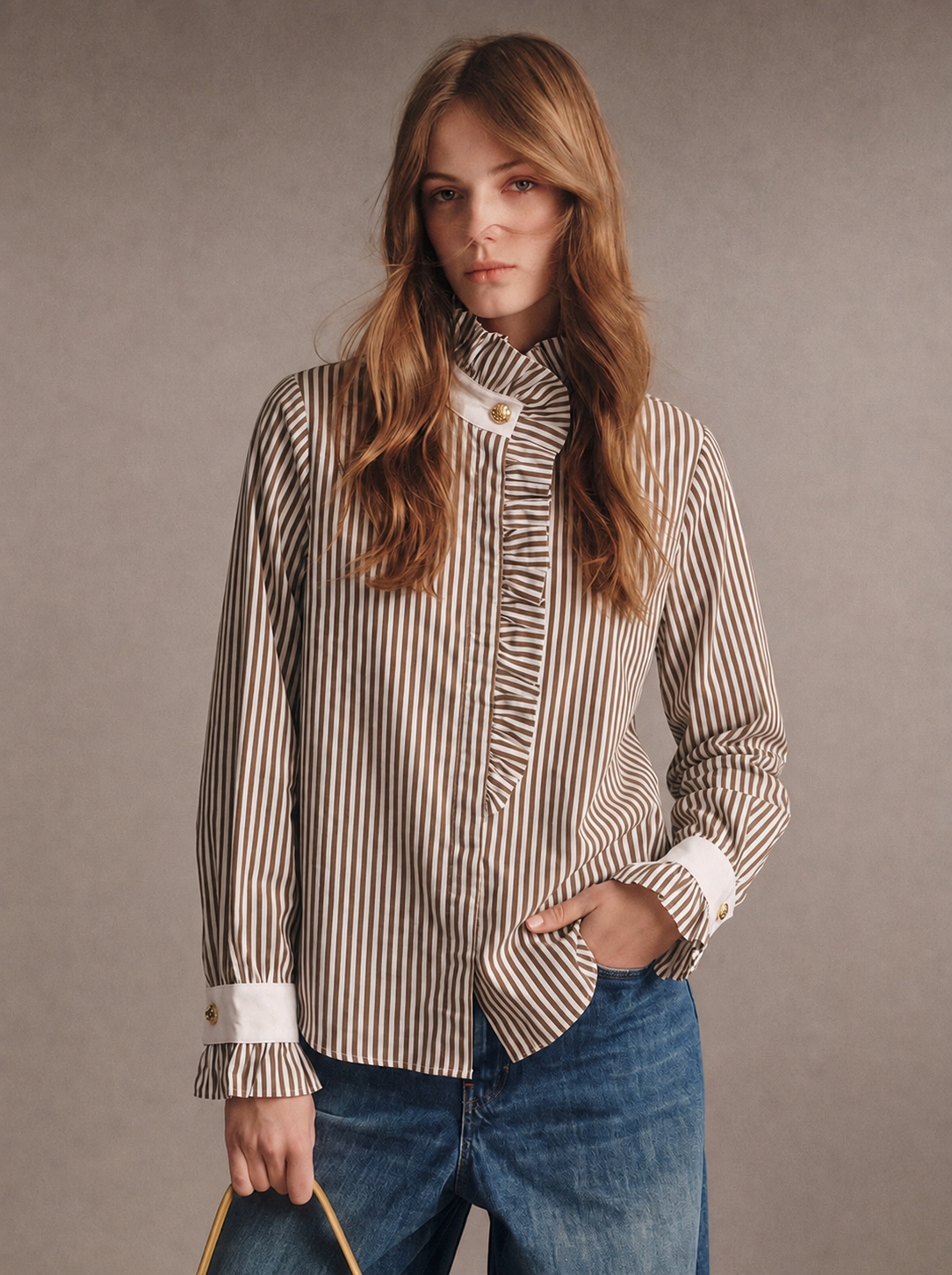 Chemise en coton rayée café col victorien ALIÉNOR