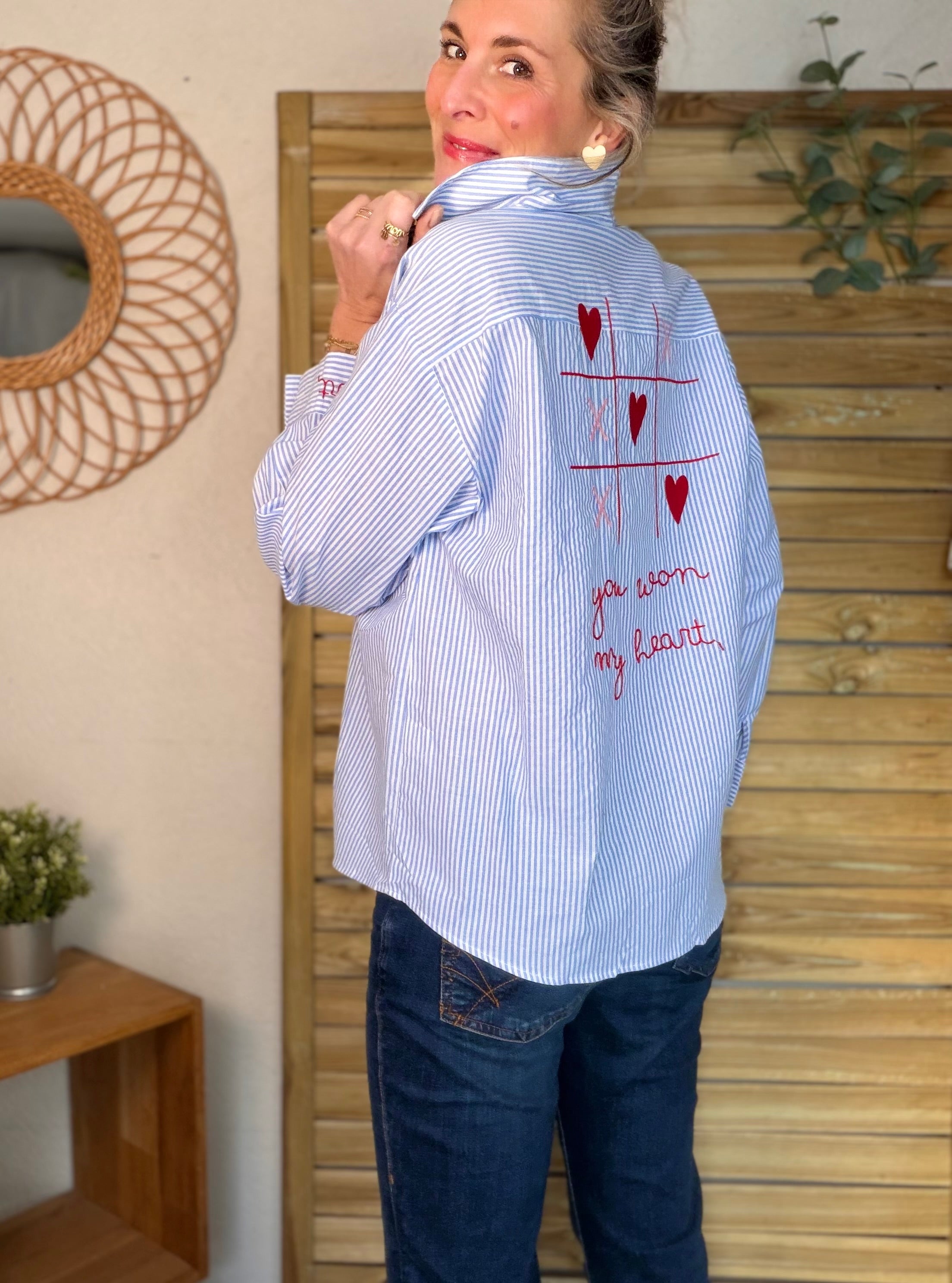 Chemise bleue rayée brodée YOU WON MY HEART ❤️ MAUREEN