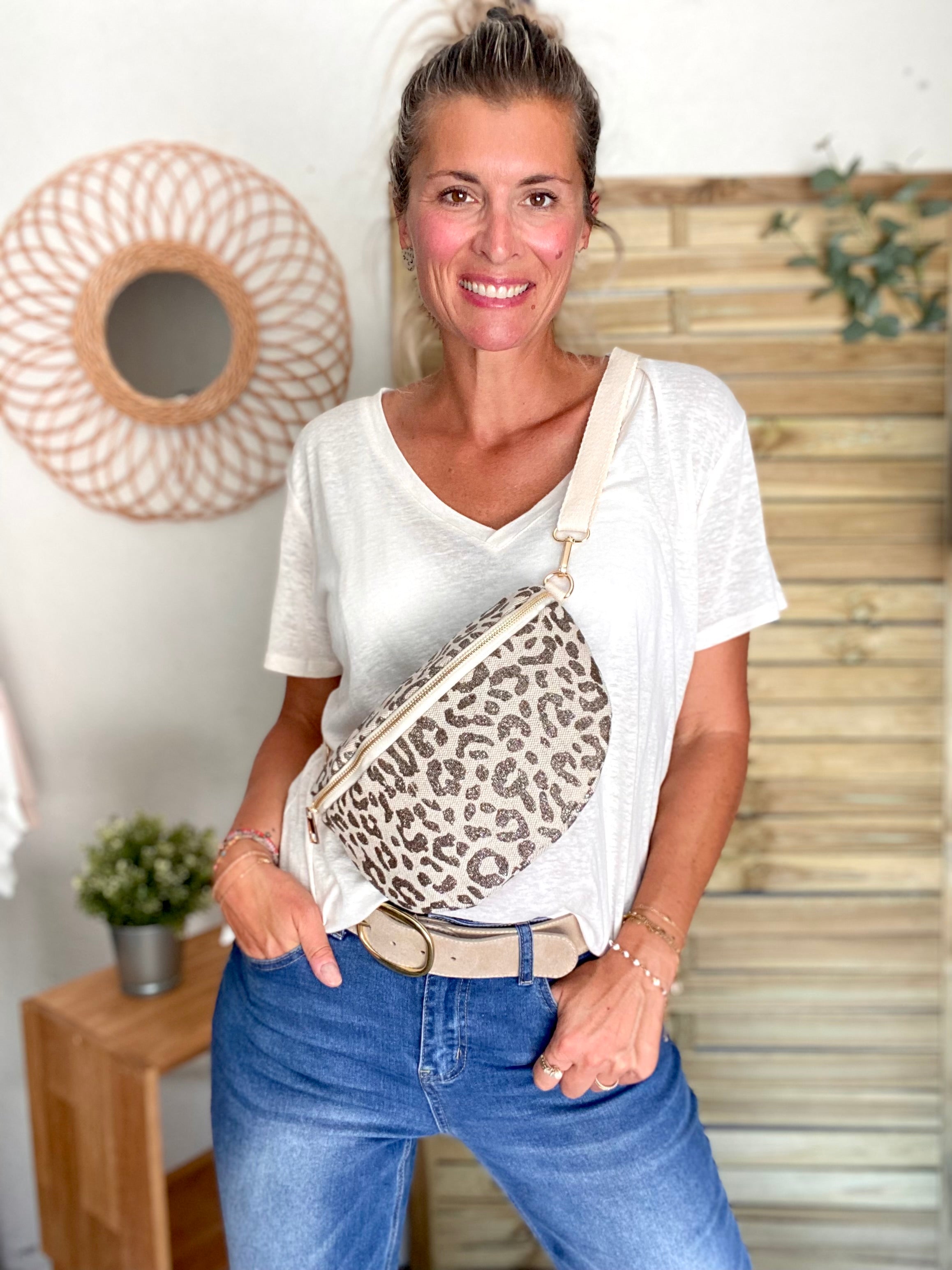 Sac banane L en toile léo Taupe pailleté - SHARON