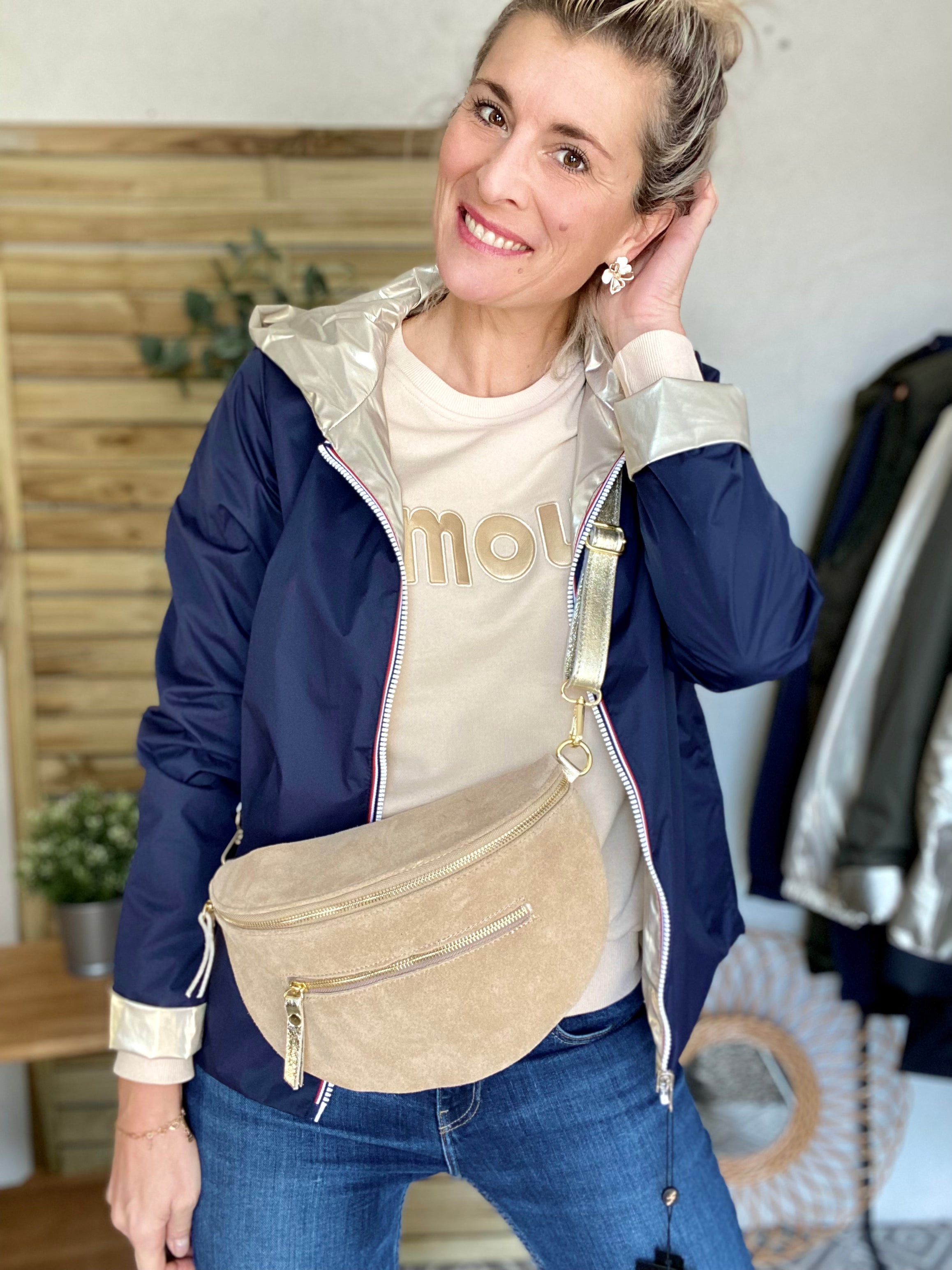 Sac banane XL 2 zips en cuir velours et irisé 30cm TERRY - Beige (4 coloris)