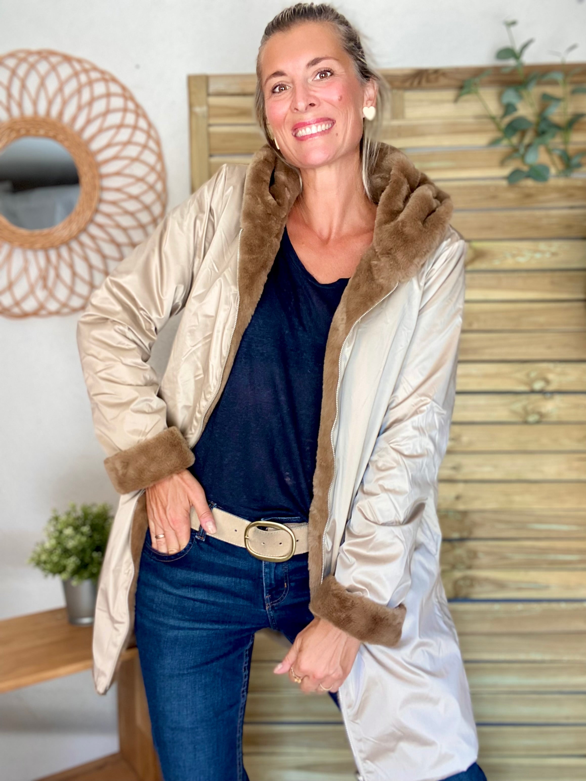 Parka Imperméable réversible fourrée Sable irisé / Camel ALIX - LAURA JO