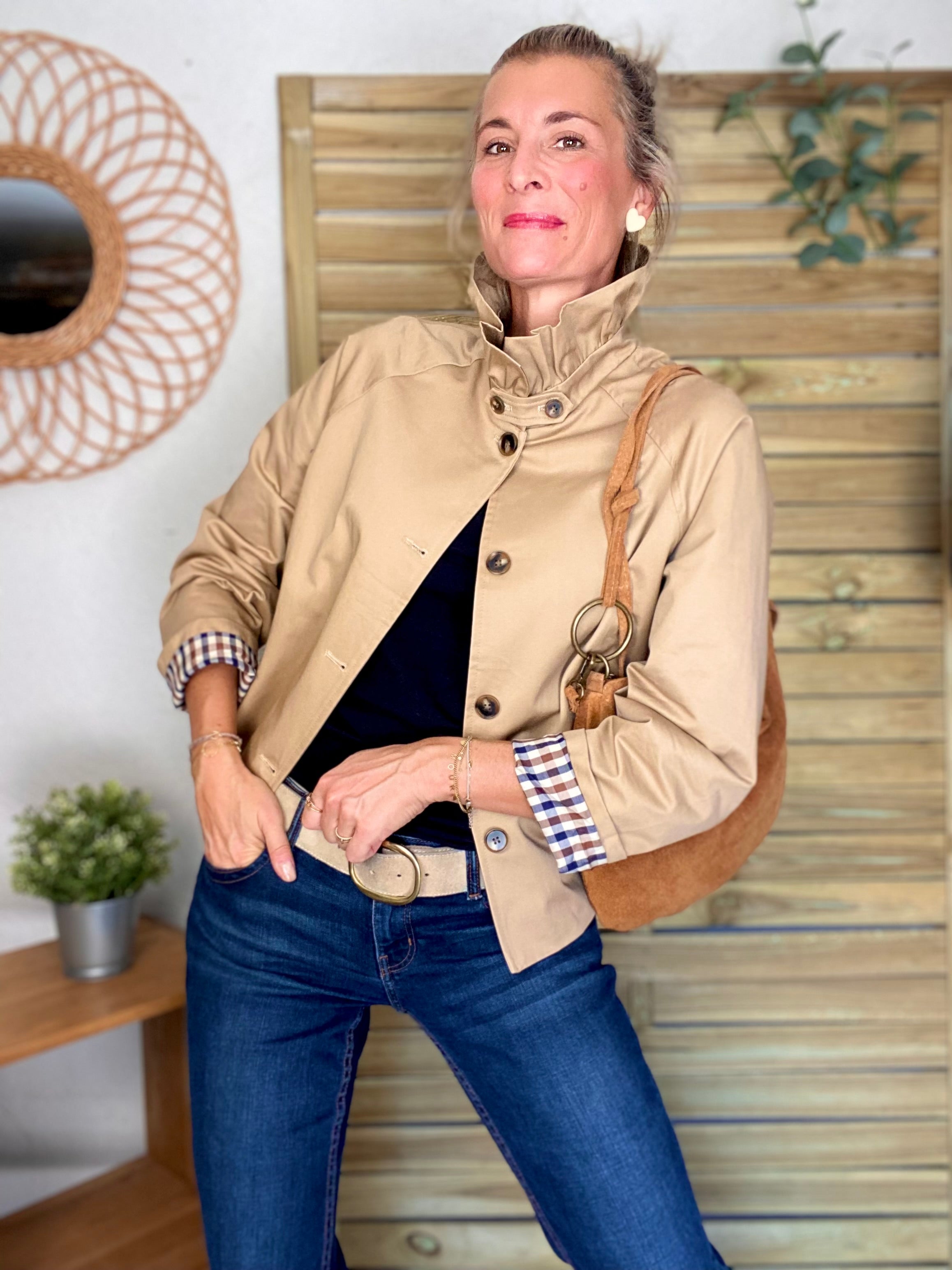 Veste Trench col victorien avec vichy - VICKY Beige