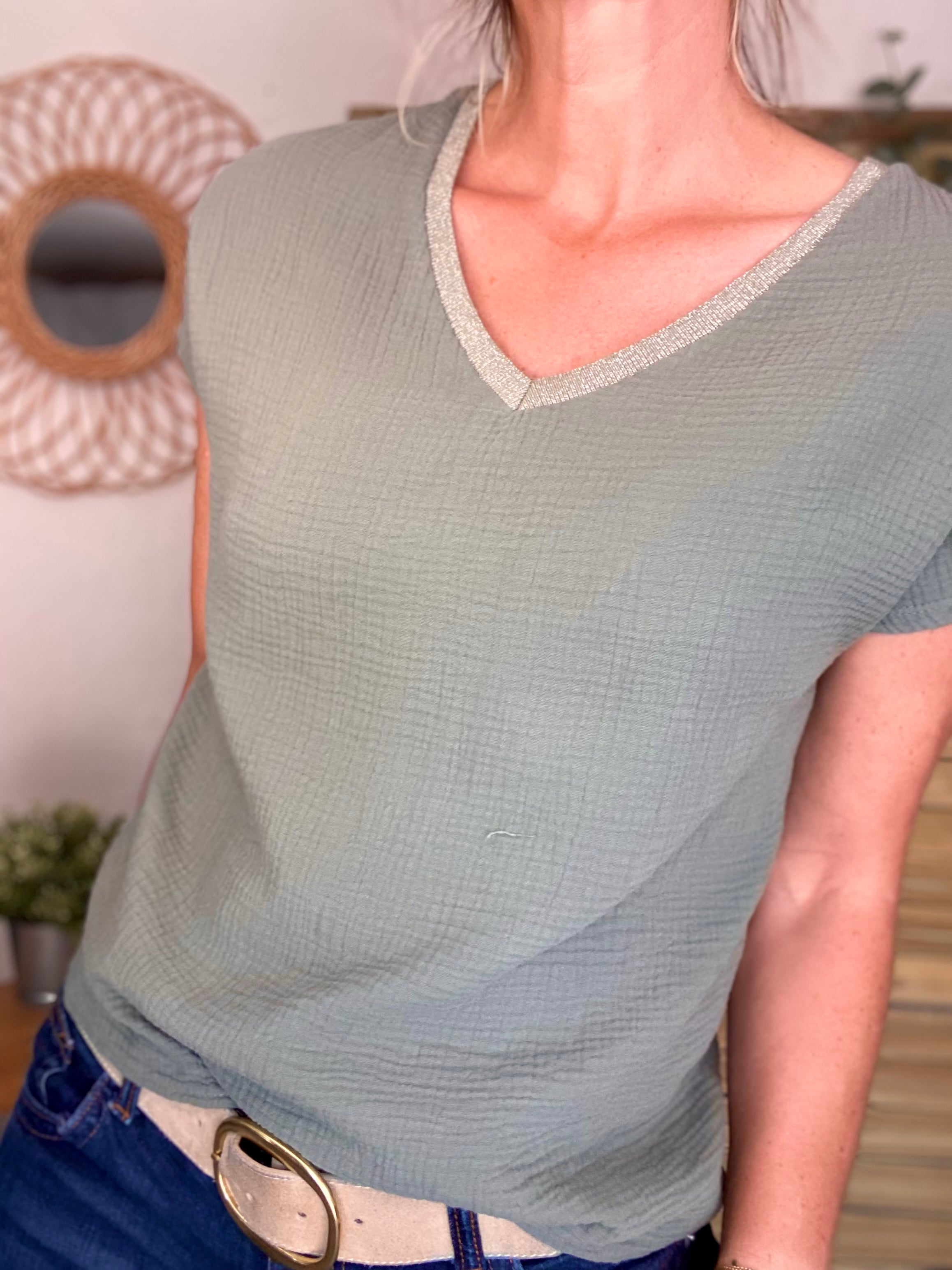 Précommande Expédition mi mai - Top en gaze de coton et lurex MARTA - Kaki