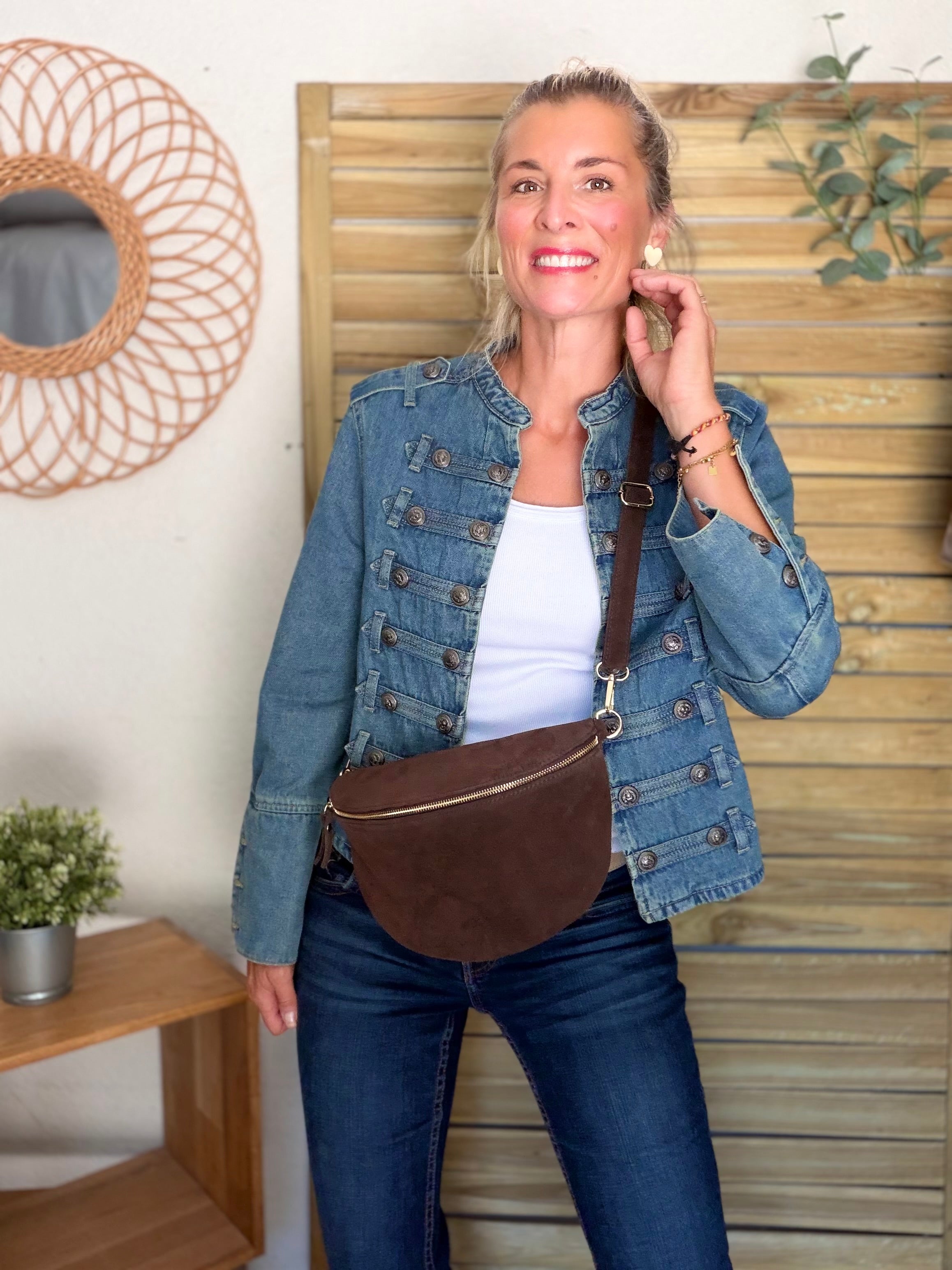 Sac banane XL en cuir velours 30cm JUDY - Chocolat