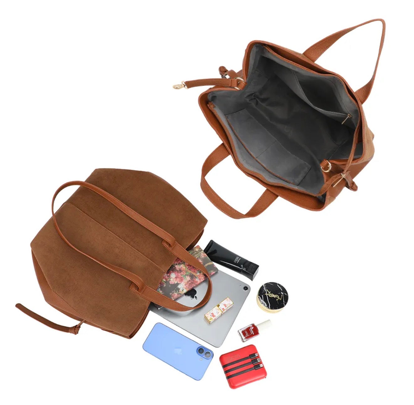 Grand Sac cabas 2 en 1 en simili daim - LAURÈNE Camel