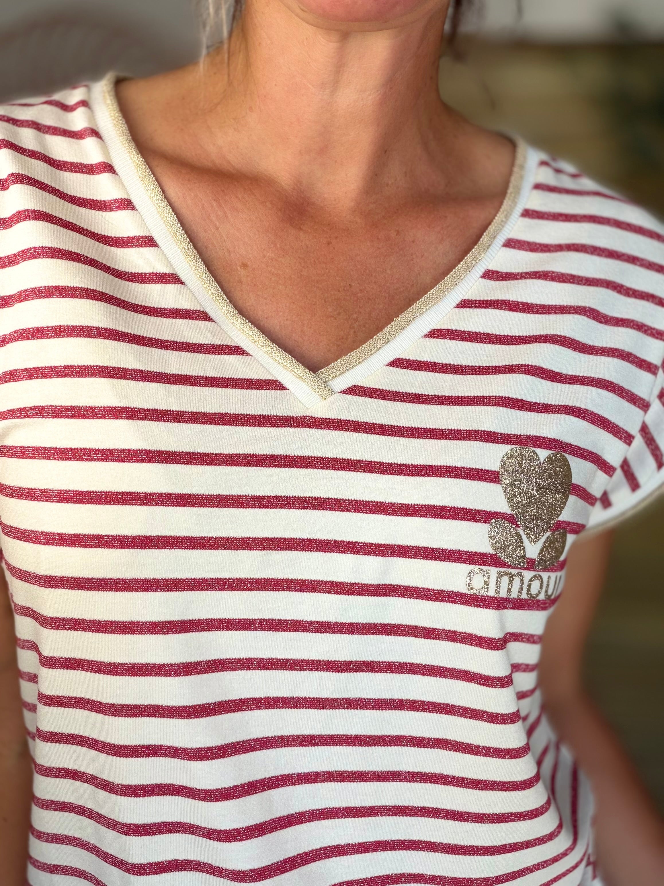 Top rayé col V amour 💛 NAOMIE - Rose