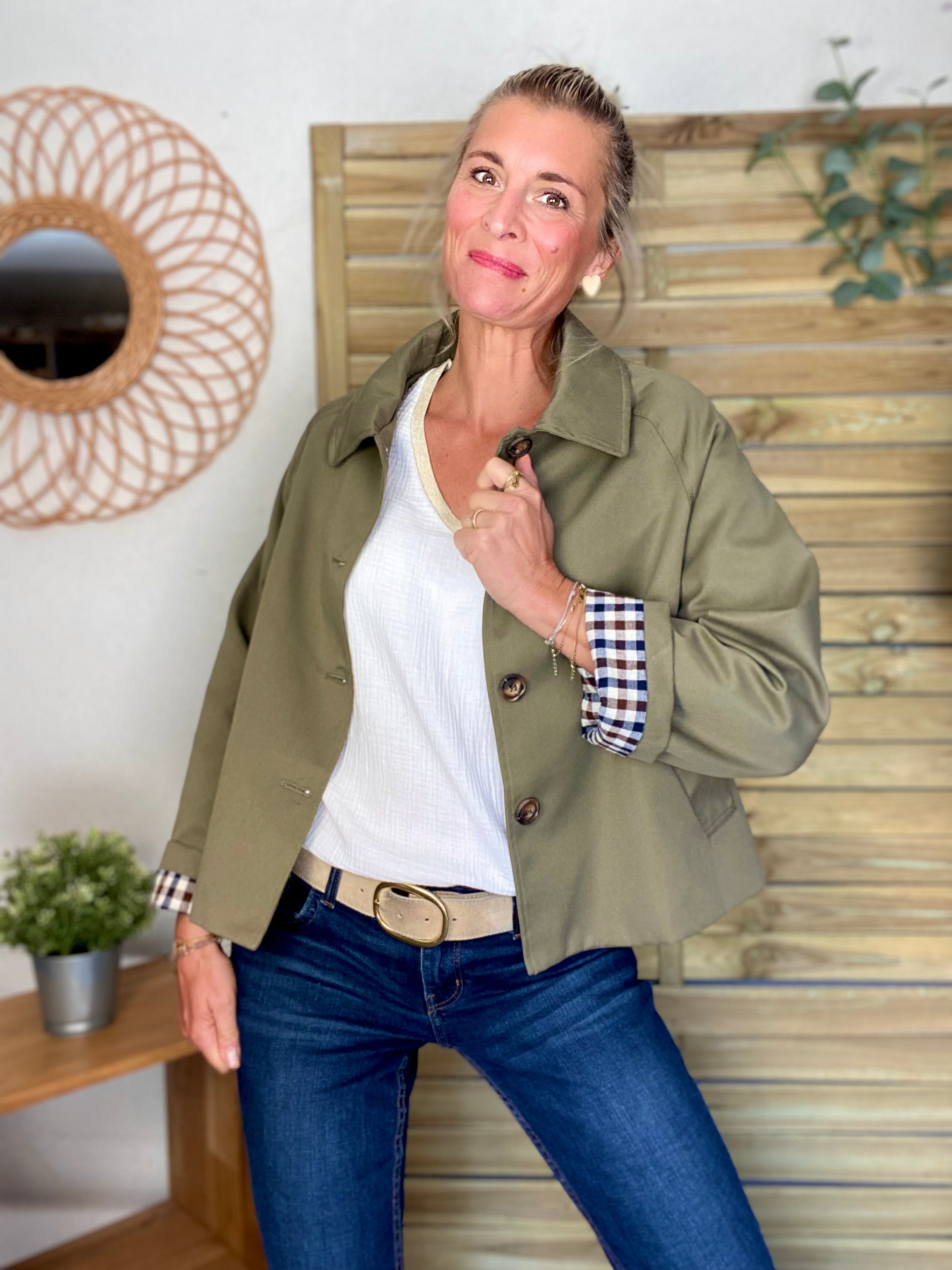 Veste Trench en coton avec vichy - YSEULT court Kaki