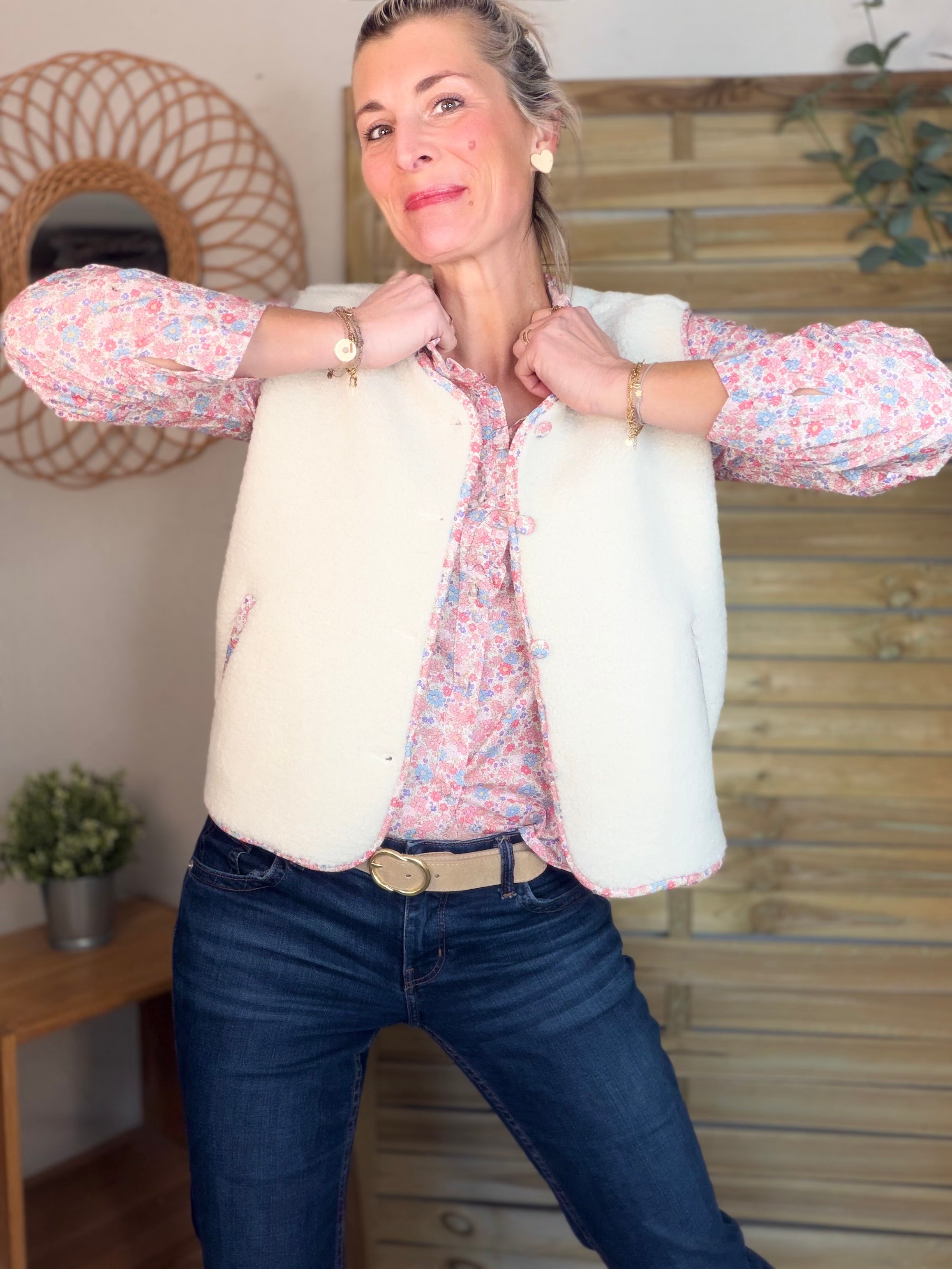 Gilet sans manche moumoute et Liberty LUCIE