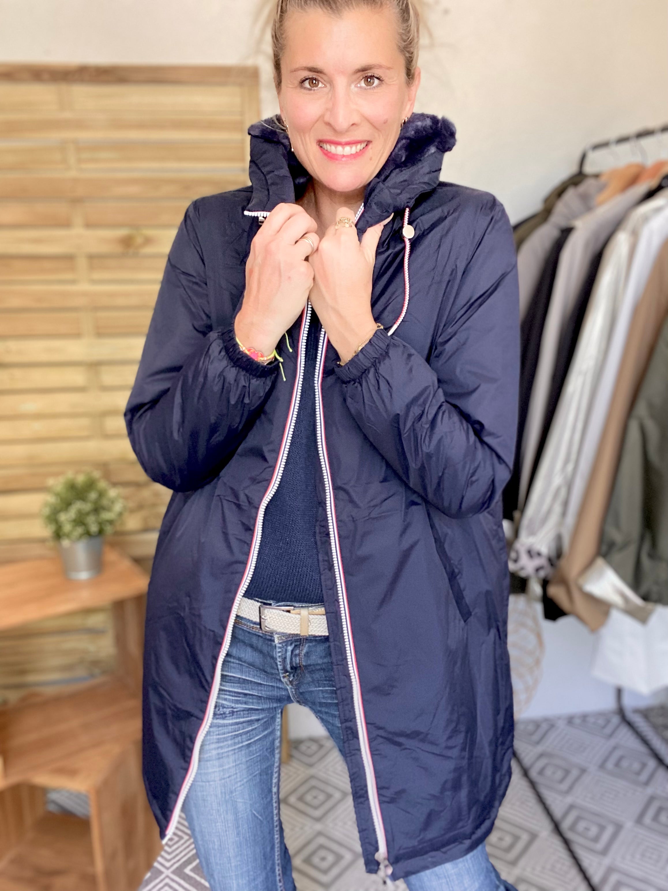 ***PROMO - Tailles 3XL et 4XL - Parka Imperméable THELMA LONG fourrée - Bleu marine - Laura Jo