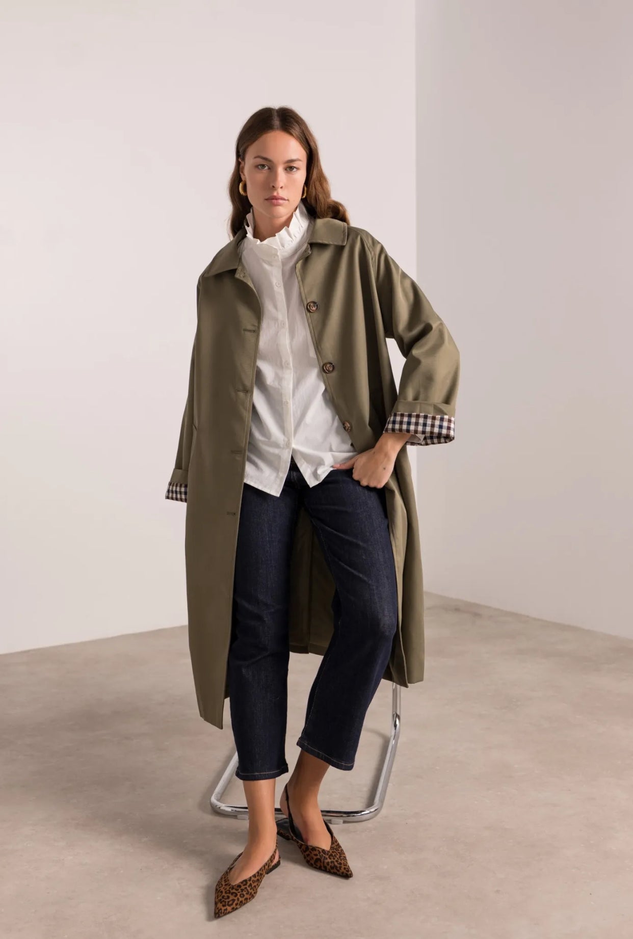 Veste Trench en coton avec vichy - YSEULT long Kaki