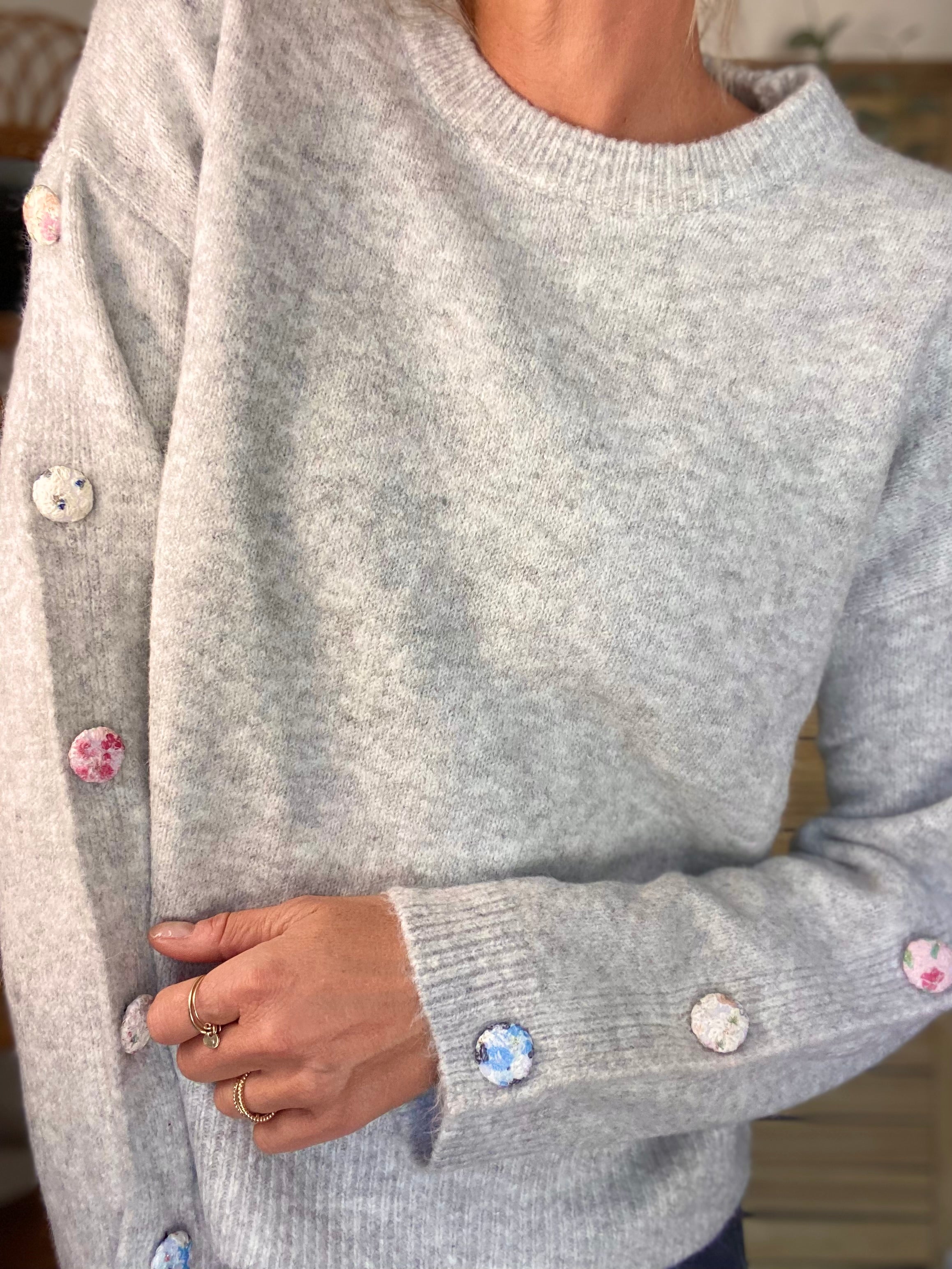 ⚡️ PÉPITES FRIDAY - Pull boutons tissu fleuri - Gris chiné - HAZEL