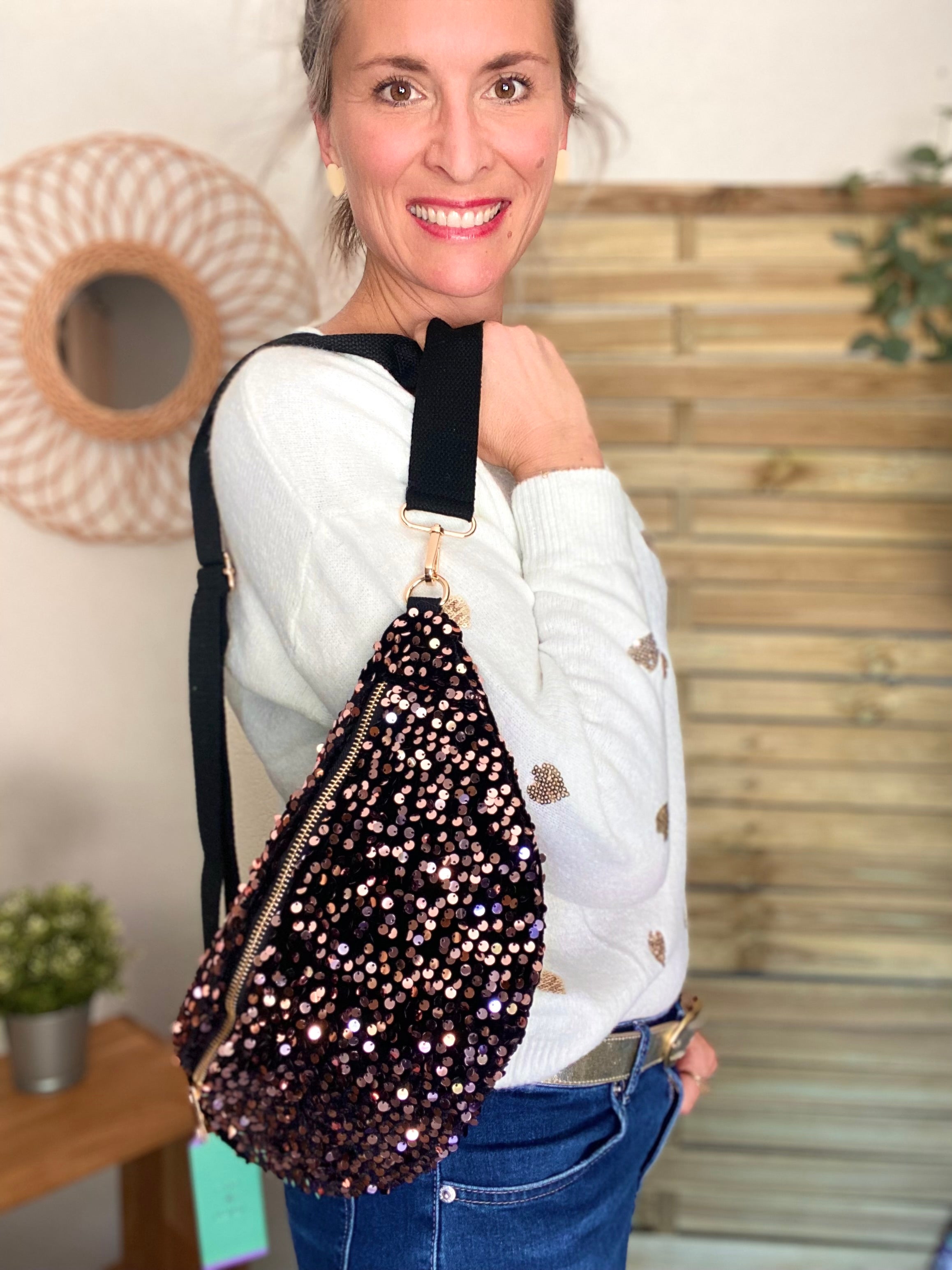 Sac banane L velours à sequins Ciao Boum - TAYLOR - Noir à sequins rosés