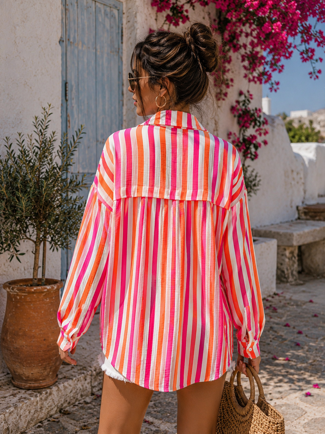 Chemise en gaze de coton rayée FÉLICIE Fluo Blanc