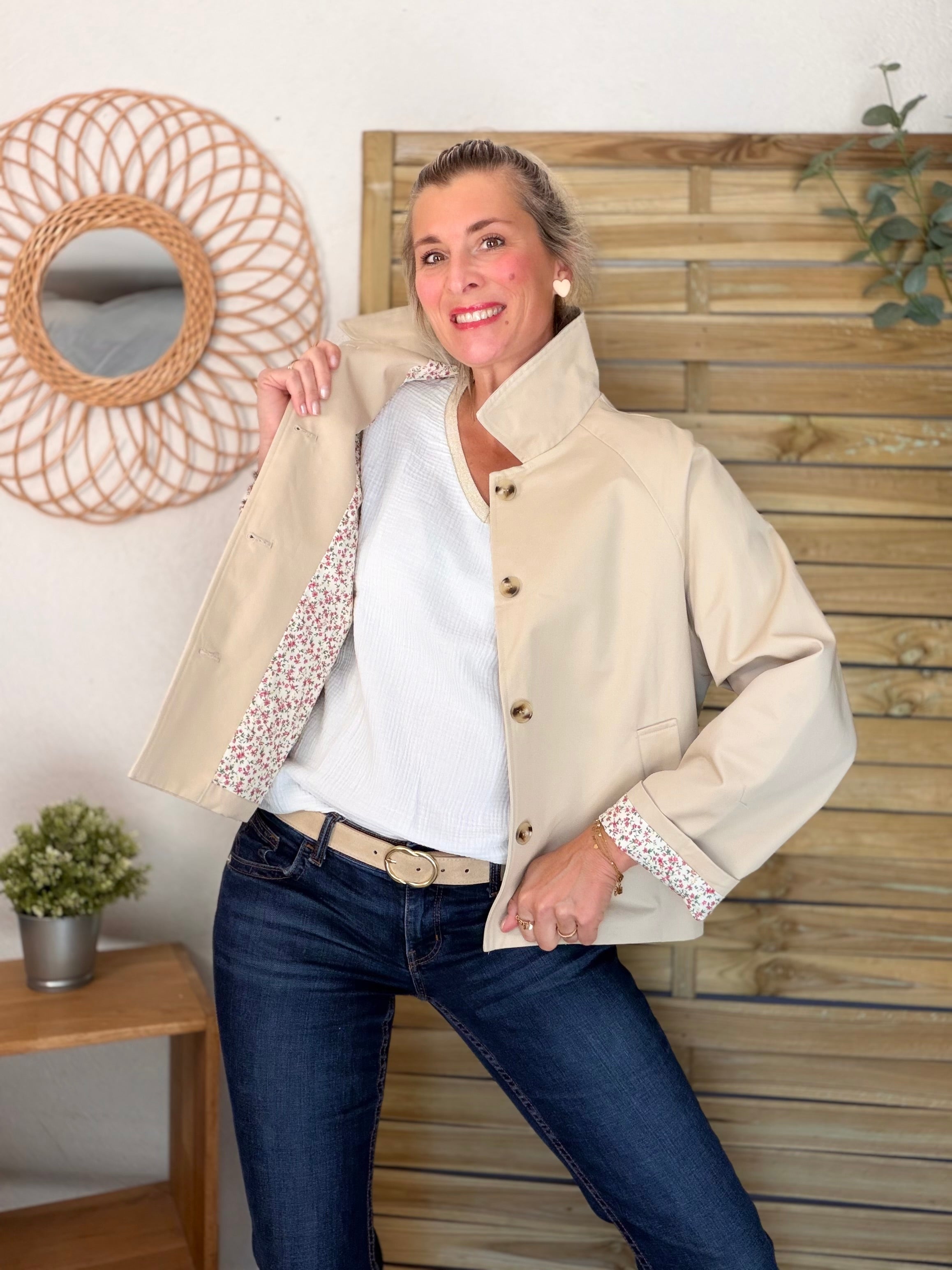 Veste Trench en coton avec Liberty - JOHAN Beige