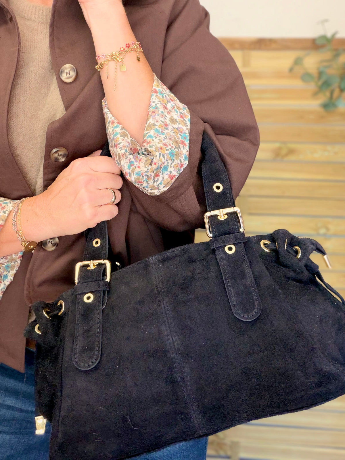 Sac à main en cuir daim GERY - Noir