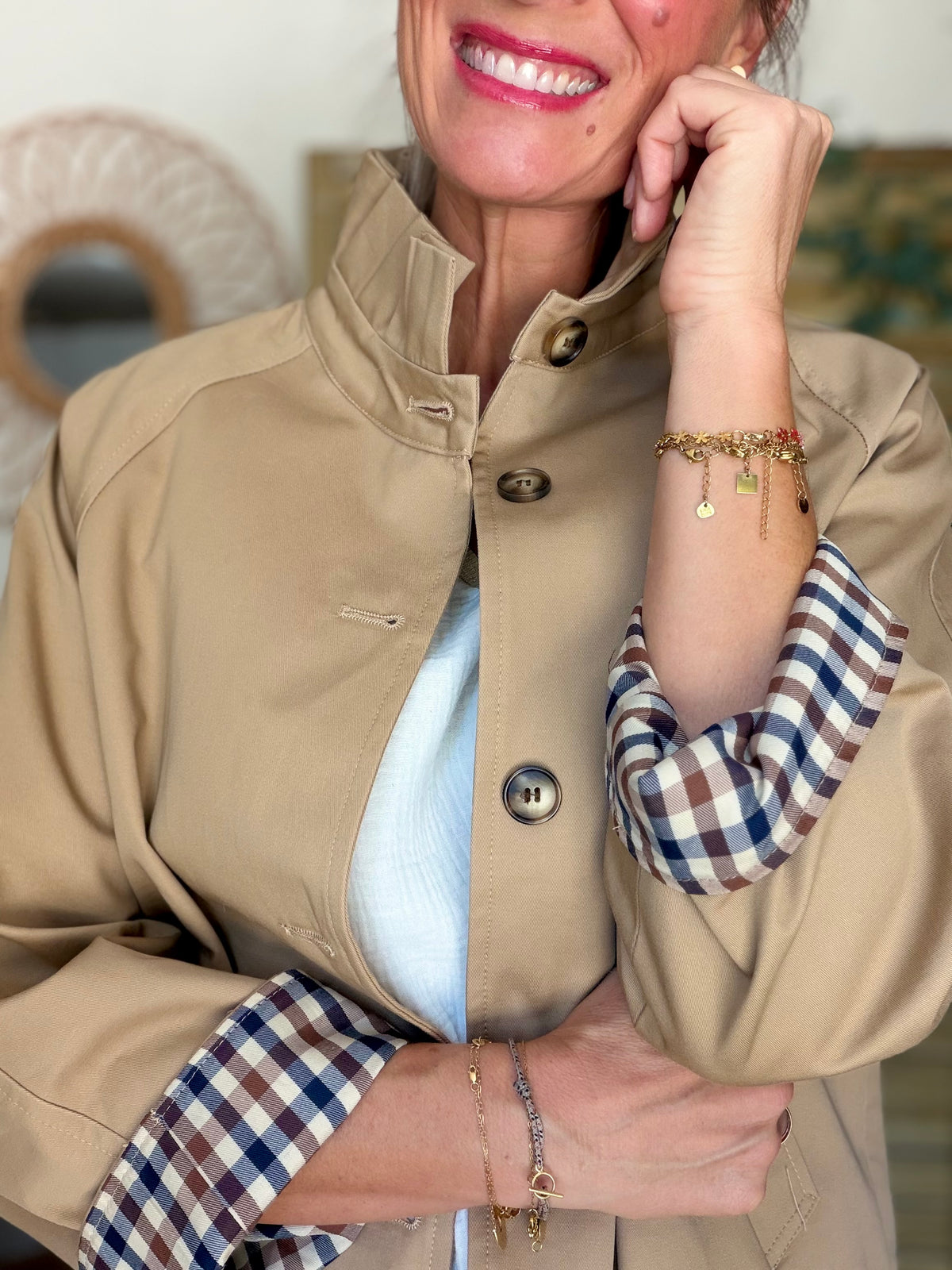 Veste Trench mi-long col victorien avec carreaux - ANDY Beige taupe