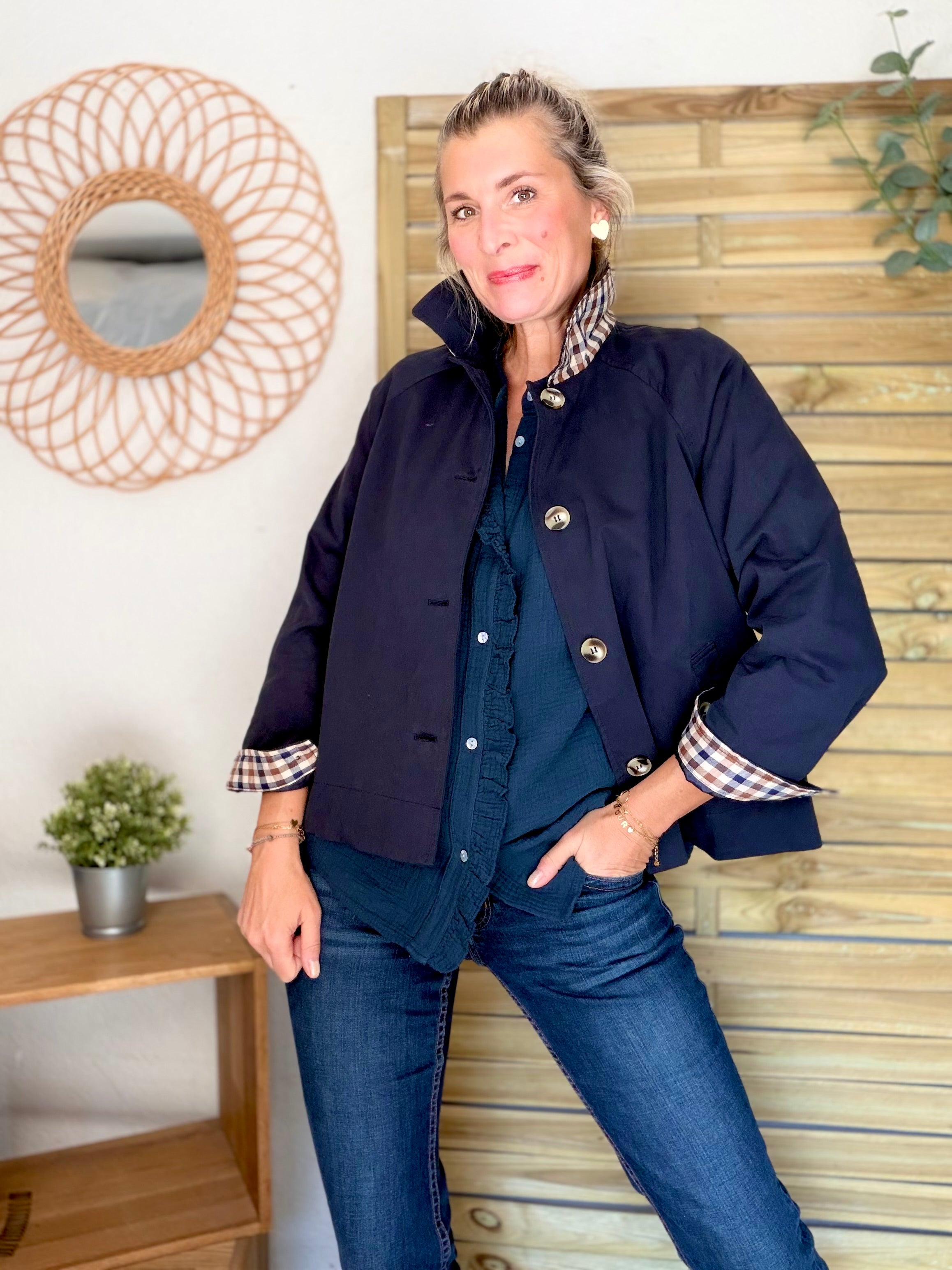 Veste Trench en coton avec carreaux - SOLÈNE Bleu marine