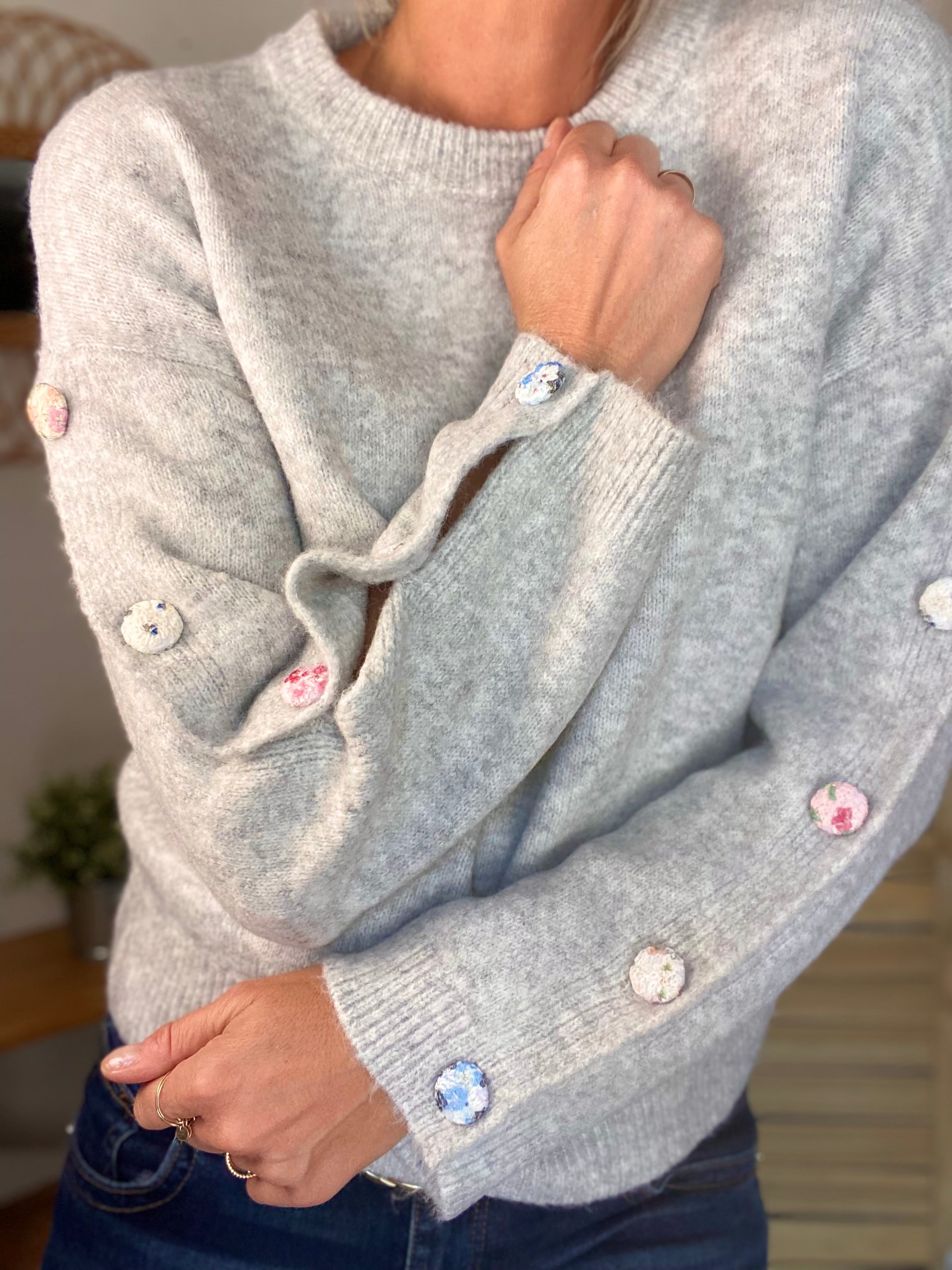 ⚡️ PÉPITES FRIDAY - Pull boutons tissu fleuri - Gris chiné - HAZEL