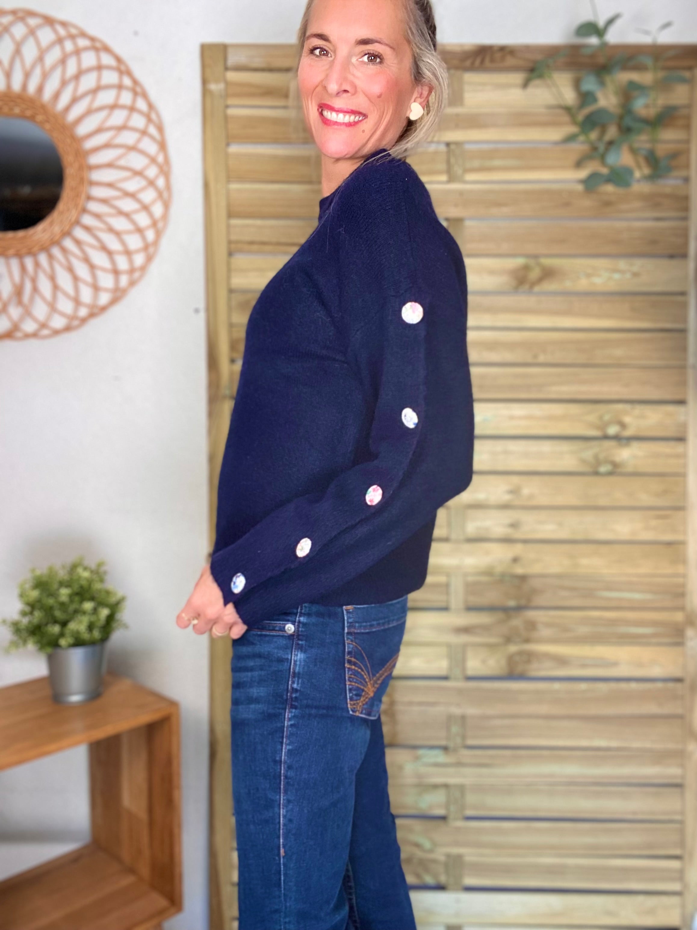 ⚡️ PÉPITES FRIDAY - Pull boutons tissu fleuri - Bleu marine - HAZEL